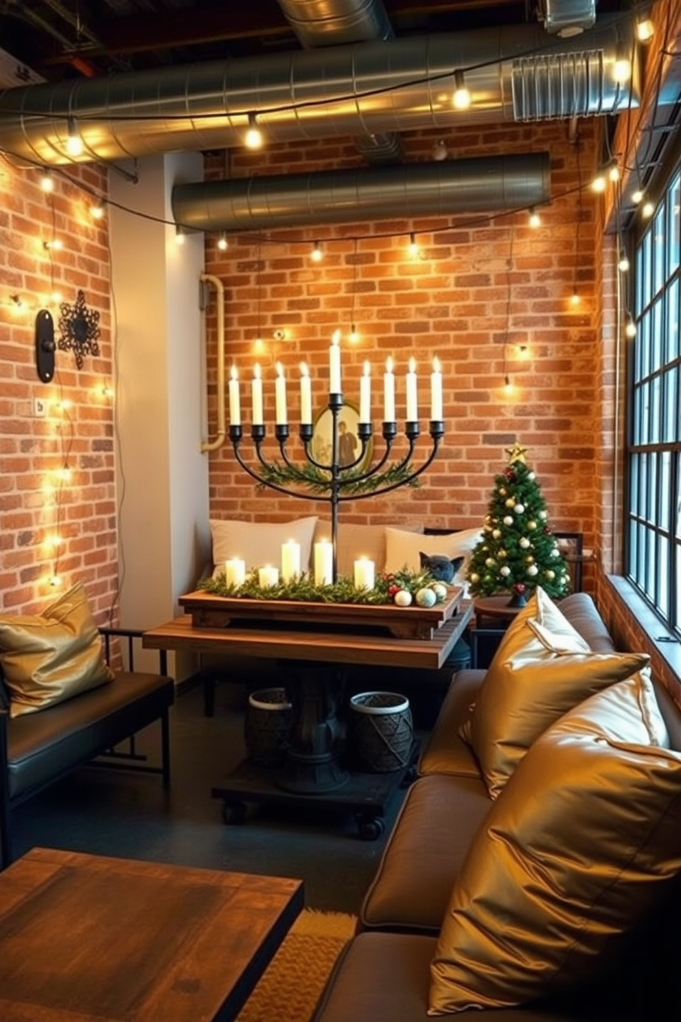 Create a cozy loft space adorned with industrial metal accents for Hanukkah. Incorporate a large metal menorah on a reclaimed wood table, surrounded by warm candlelight and festive decorations. Use exposed brick walls to enhance the industrial vibe, complemented by string lights that add a soft glow. Add plush seating with metallic throw pillows, creating an inviting atmosphere for holiday gatherings.