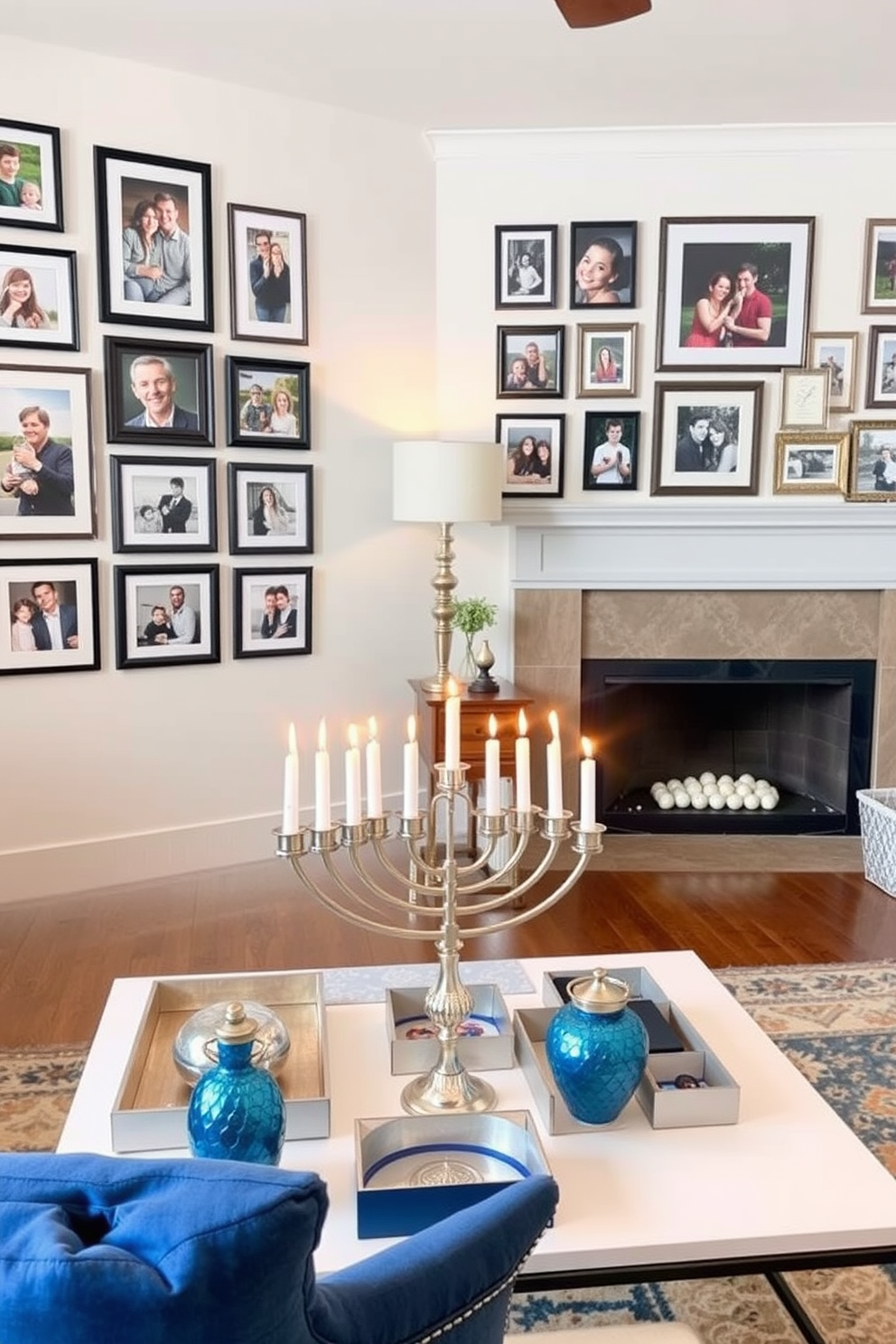 Create a cozy living room that showcases personalized photo displays for family memories. The walls are adorned with a gallery of framed pictures, capturing special moments in various sizes and styles. Design a festive loft space with Hanukkah decorating ideas. Incorporate a beautiful menorah as the centerpiece on a modern coffee table, surrounded by blue and silver decor elements that reflect the holiday spirit.