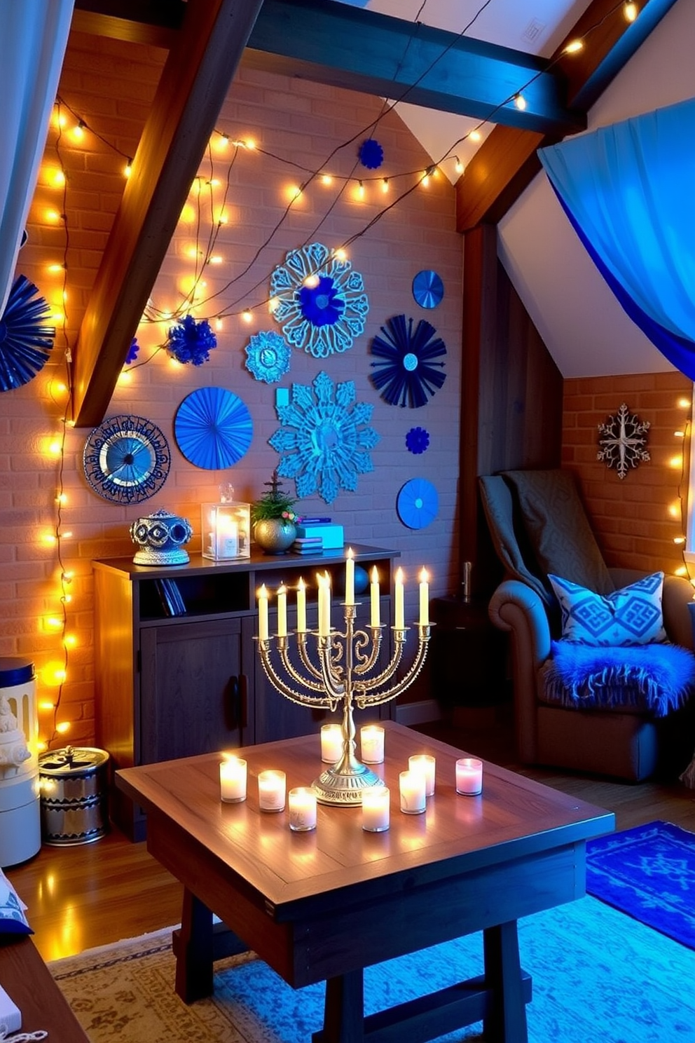 A cozy loft decorated for Hanukkah with string lights creating a warm ambiance. The walls are adorned with blue and silver decorations, and a beautifully arranged menorah sits on a wooden table surrounded by festive candles.