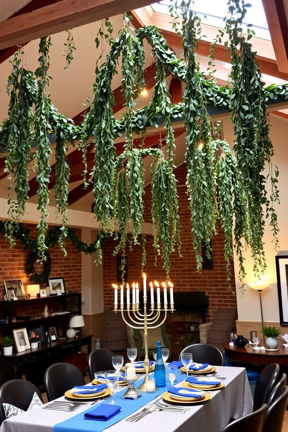 A cozy loft space adorned with eucalyptus garlands draping gracefully from the ceiling beams. Soft, ambient lighting creates a warm atmosphere, highlighting the natural textures of the decor. For Hanukkah, the space features a beautifully set table with a blue and silver color scheme. A menorah takes center stage, surrounded by festive decorations and a mix of traditional and modern elements.