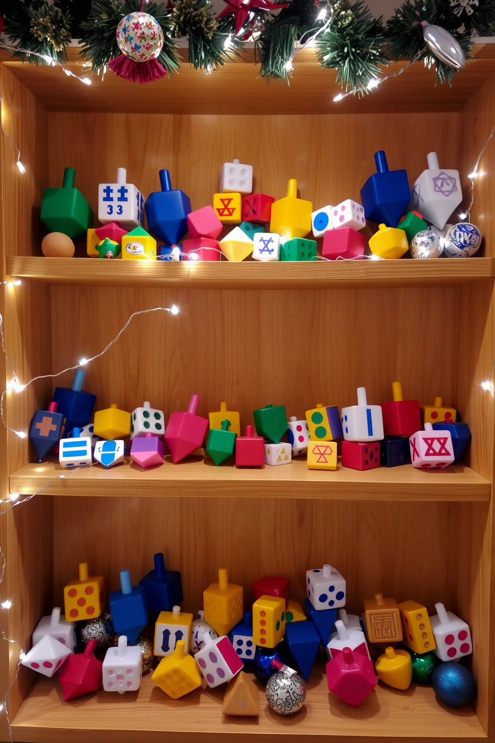 A colorful display of dreidels is arranged on open wooden shelves, showcasing a variety of sizes and designs. The shelves are adorned with twinkling fairy lights and festive ornaments, creating a warm and inviting atmosphere for Hanukkah celebrations.