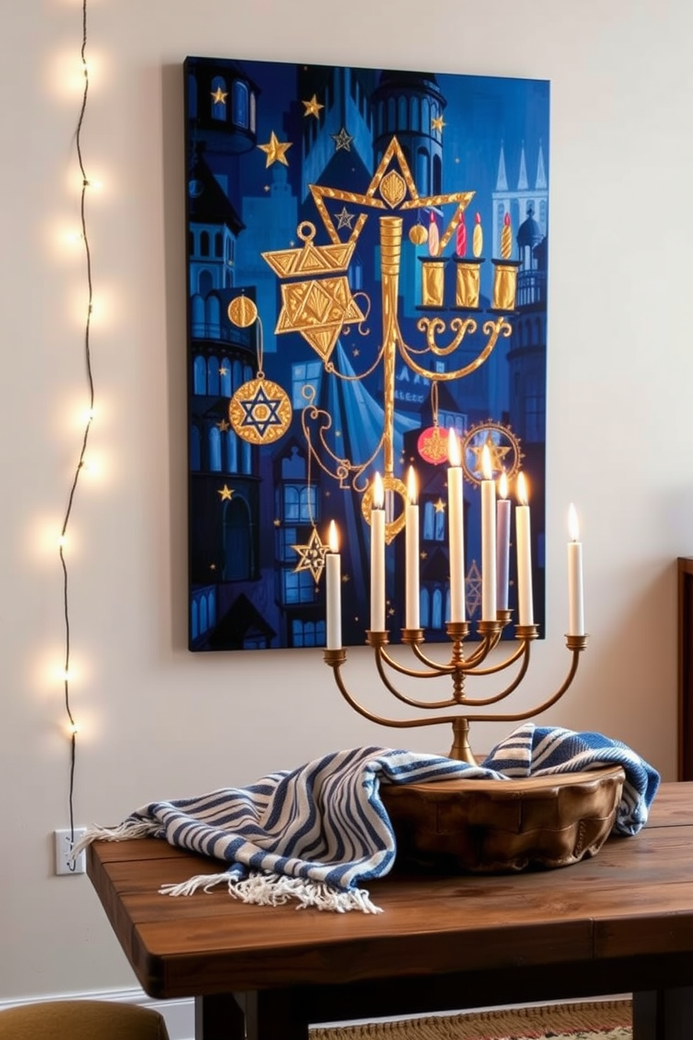 Artistic wall art featuring Hanukkah themes. The piece showcases vibrant blues and golds, with symbols like menorahs and dreidels creatively intertwined in a festive design. Loft Hanukkah decorating ideas. Incorporate string lights and cozy textiles to enhance the warm, inviting atmosphere while displaying traditional elements like a beautifully arranged menorah on a rustic wooden table.