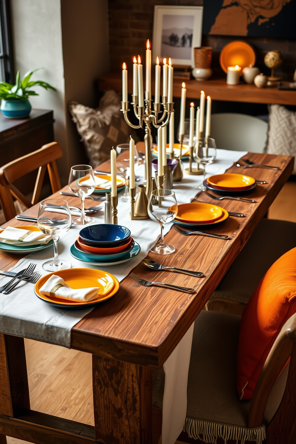 A stylish table setting features a rustic wooden table adorned with a crisp white tablecloth. Unique dishes in vibrant colors are artfully arranged, complemented by elegant glassware and polished silverware. For loft Hanukkah decorating ideas, the space is infused with warmth through soft lighting and rich textiles. Decorative elements include a modern menorah and artistic dreidels, creating a festive yet sophisticated atmosphere.