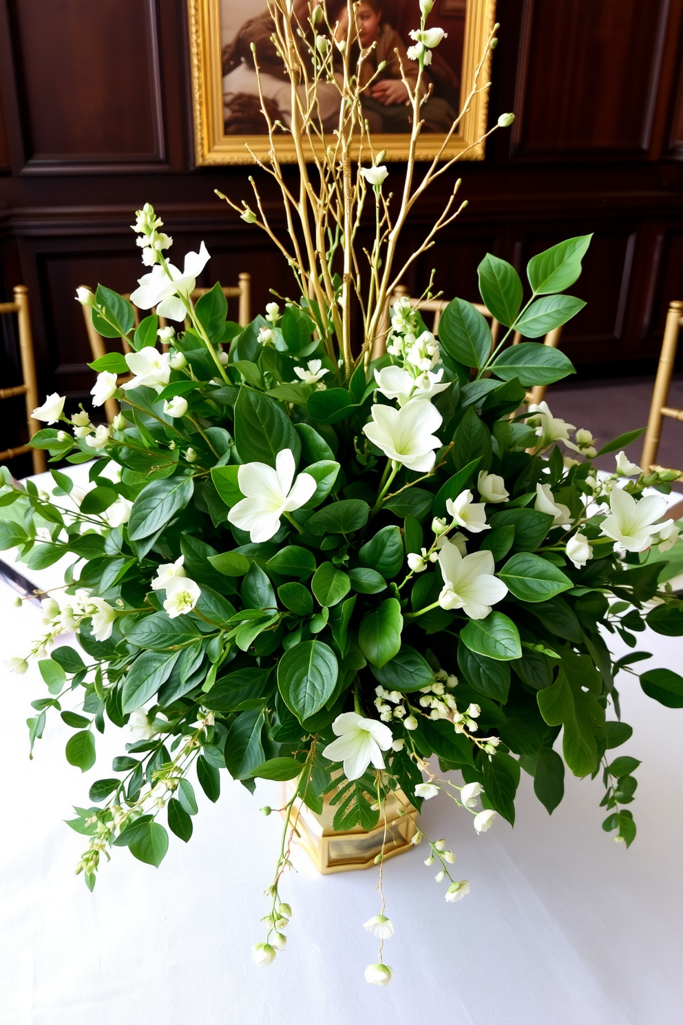 A stunning table centerpiece arrangement featuring lush green foliage and elegant gold accents. The centerpiece includes a mix of textured leaves, gold-dipped branches, and delicate white flowers to create a festive St. Patrick's Day theme.