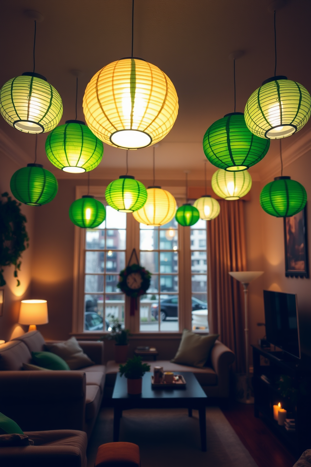 A cozy living space adorned with hanging paper lanterns in vibrant green hues. The lanterns sway gently from the ceiling, casting a warm glow that enhances the festive atmosphere of St. Patrick's Day.