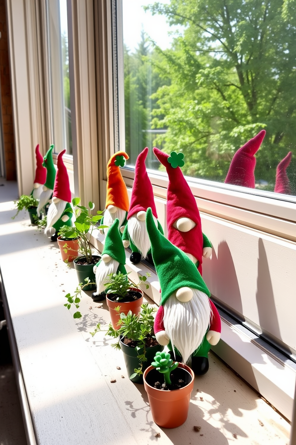 Gnome decorations are playfully arranged on the window sills, adding a whimsical touch to the space. Each gnome features a unique design, with vibrant colors and charming hats that celebrate the spirit of St. Patrick's Day. The window sills are adorned with small potted plants alongside the gnomes, creating a lively and festive atmosphere. Soft natural light filters through the windows, enhancing the cheerful decor and inviting the outdoors in.