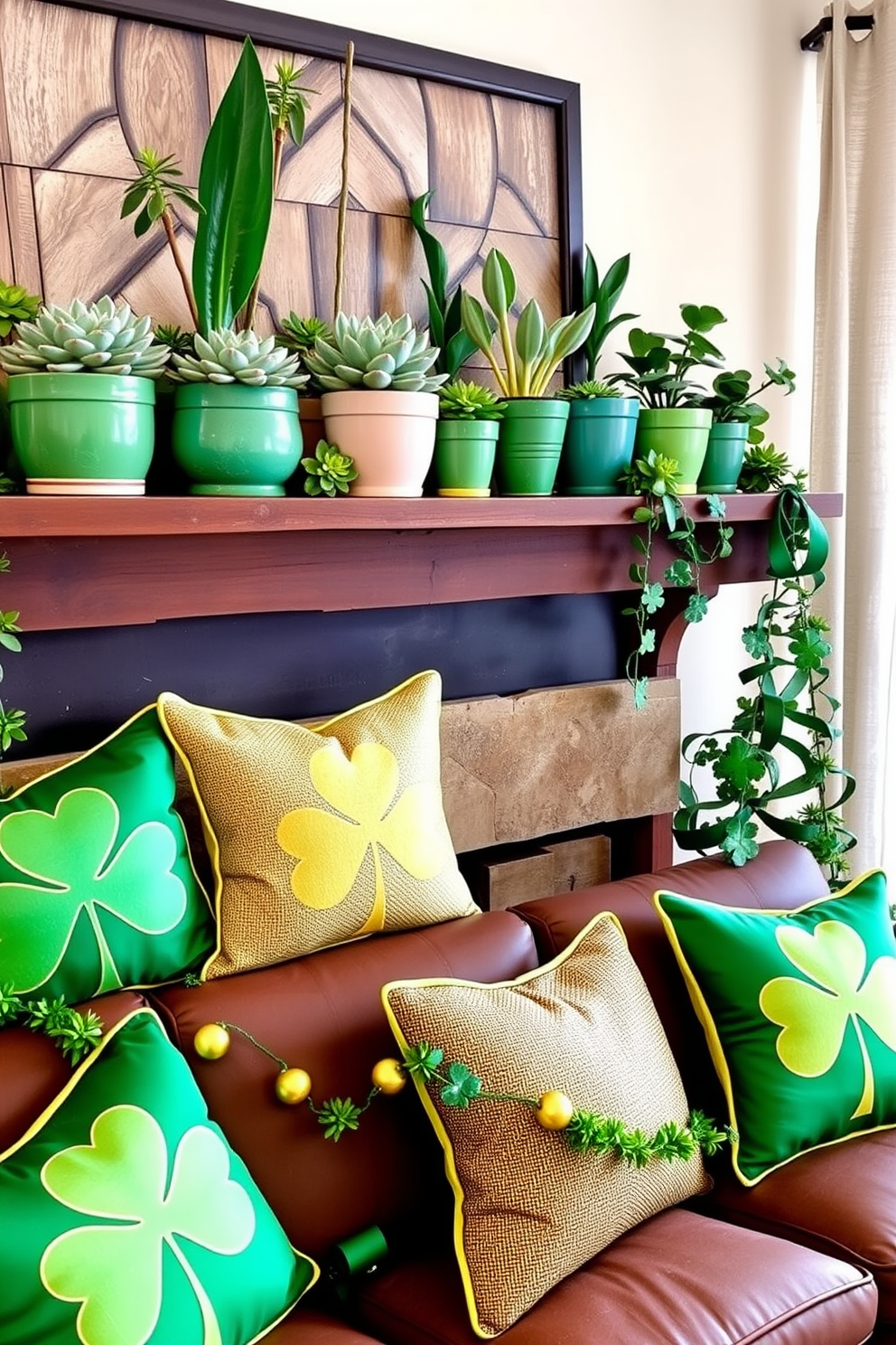 A vibrant arrangement of succulent plants in various green pots is displayed on a rustic wooden shelf. The pots vary in size and texture, creating a lively and inviting atmosphere. For St. Patrick's Day decorating ideas, envision a cozy living room adorned with green and gold accents. Shamrock-themed cushions and garlands drape elegantly across the furniture, enhancing the festive spirit.