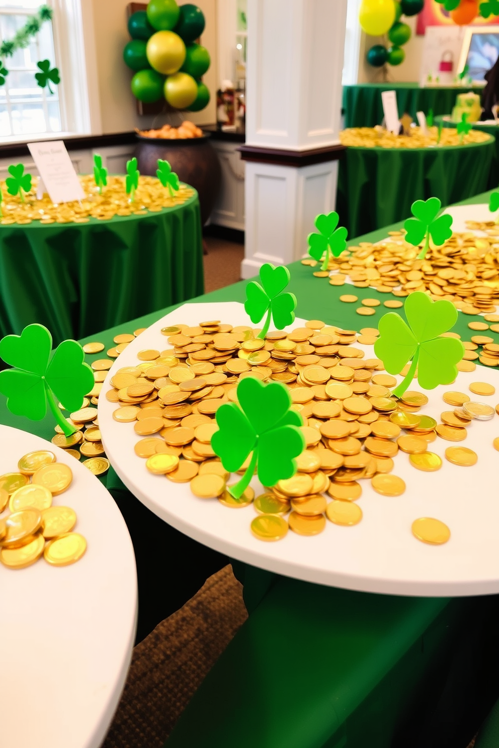 A festive St. Patrick's Day setting filled with gold coins scattered across various tables. The tables are adorned with green tablecloths, and vibrant shamrock decorations are placed alongside the coins for a cheerful ambiance.