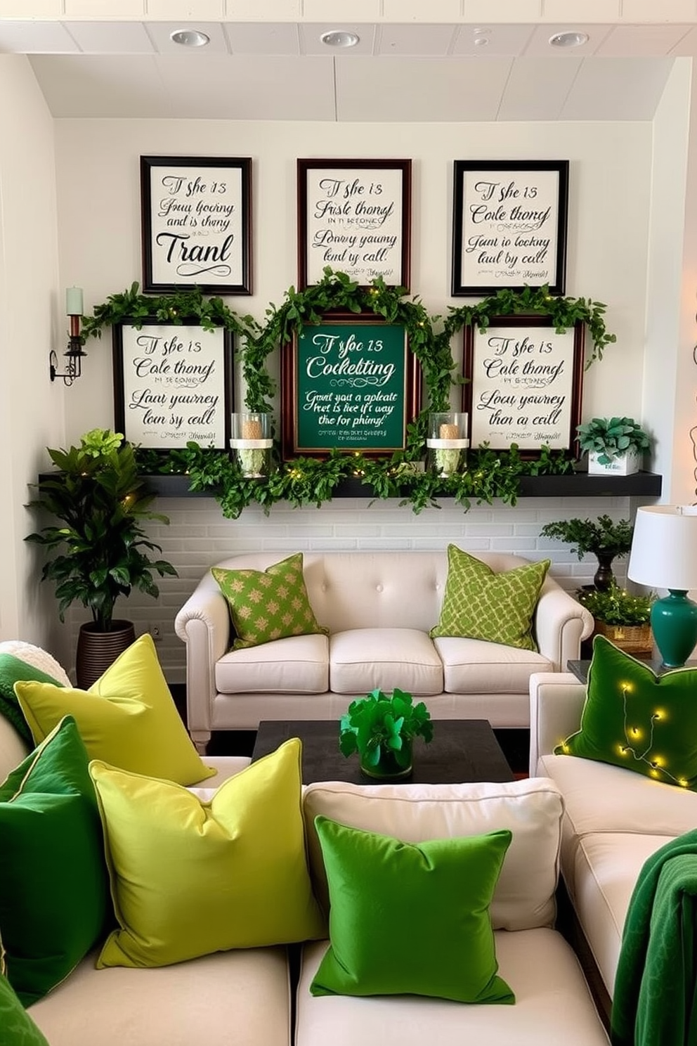 A charming loft space adorned with Irish blessing wall decor. The walls feature beautifully framed quotes in elegant typography, surrounded by greenery and festive St. Patrick's Day accents. Cozy seating arrangements include plush sofas and vibrant throw pillows in shades of green. Decorative elements like shamrock centerpieces and twinkling fairy lights enhance the festive atmosphere.