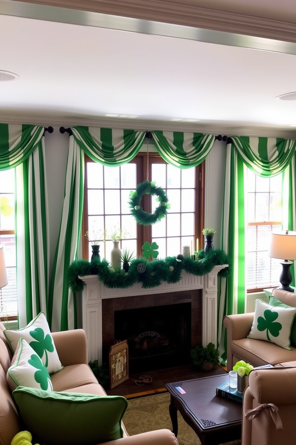 A cozy living room adorned with green and white striped curtains that gracefully frame the large windows. The decor features playful St. Patrick's Day elements, including shamrock-themed cushions and a festive garland draped across the mantel.