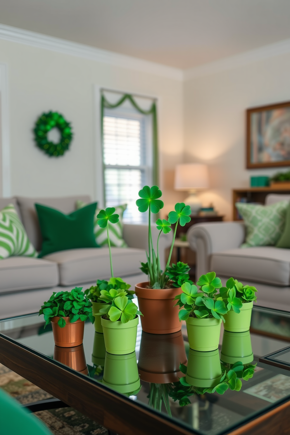 A cozy living room setting featuring a coffee table adorned with several potted shamrocks. The decor reflects a festive St. Patrick's Day theme with green accents and soft lighting creating a warm atmosphere.