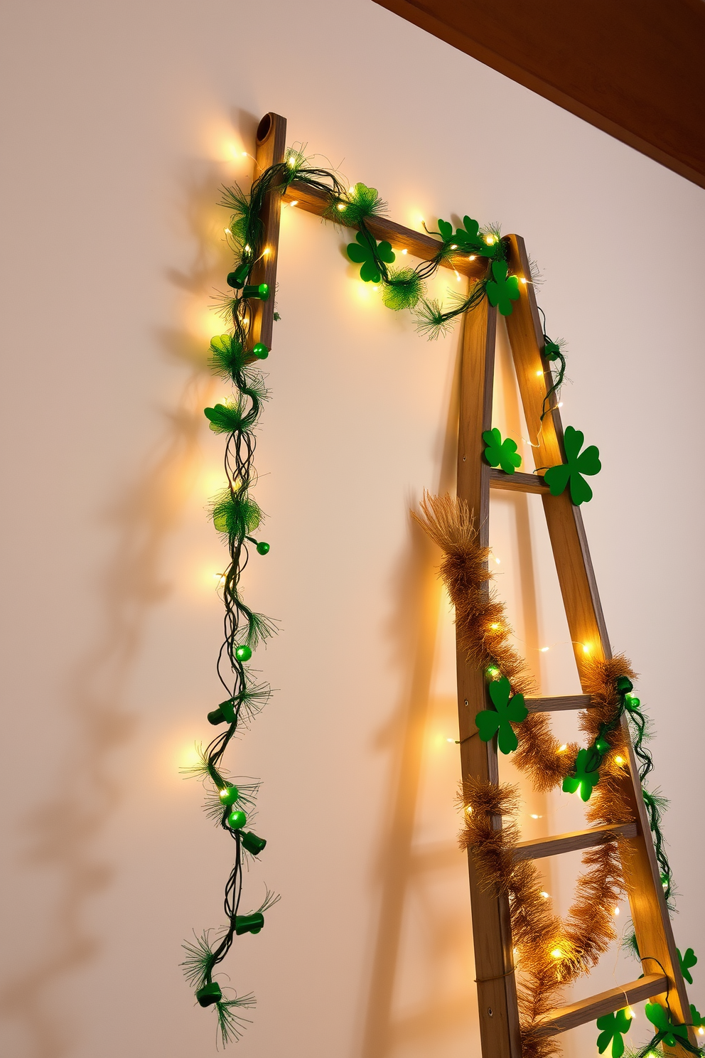 A decorative ladder is leaning against a white wall, adorned with twinkling fairy lights that create a warm and inviting ambiance. The ladder is draped with green and gold St. Patrick's Day decorations, including shamrocks and festive garlands, enhancing the cheerful theme of the space.