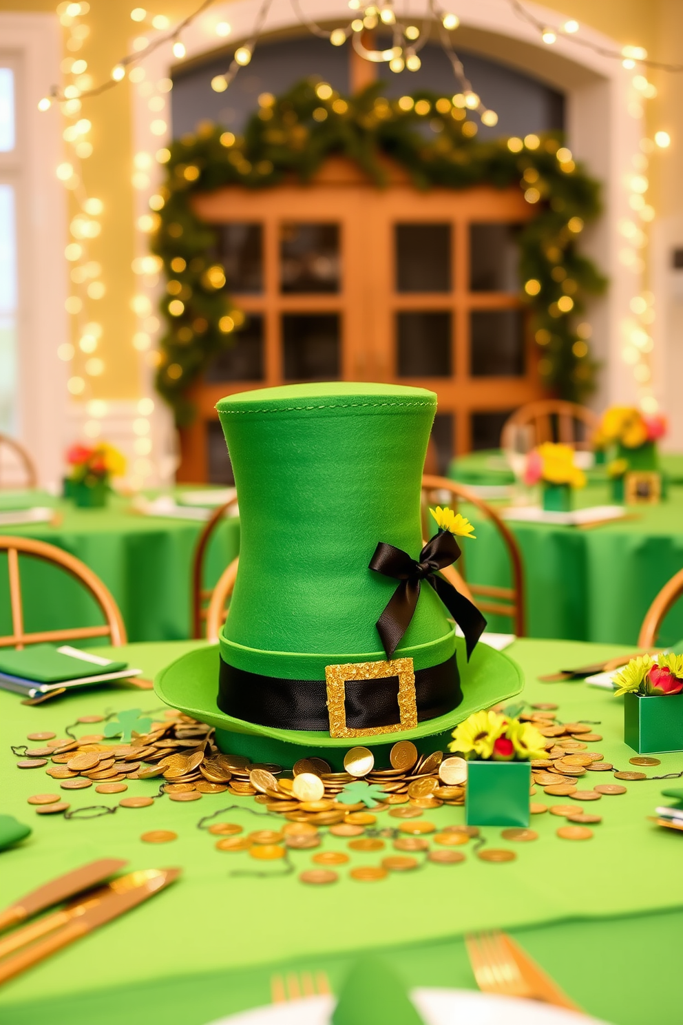 A whimsical DIY leprechaun hat centerpiece made from green felt and adorned with a black ribbon sits on a festive table. Surrounding the centerpiece are small gold coins and shamrocks, creating a playful St. Patrick's Day atmosphere. Bright green tablecloths and golden accents enhance the festive vibe, while fairy lights twinkle overhead. Each table setting features a leprechaun hat filled with fresh flowers, adding a charming touch to the celebration.