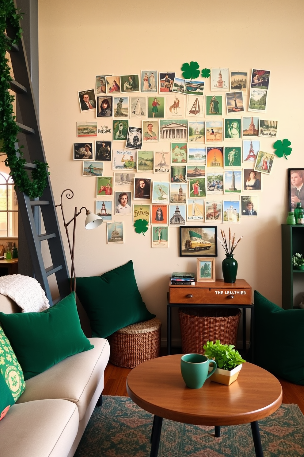 A charming loft space adorned with vintage Irish postcards as wall art. The postcards are arranged in a creative collage on a neutral-colored wall, adding a touch of nostalgia and whimsy to the room. The decor features green accents and festive elements to celebrate St. Patrick's Day. Cozy textiles and decorative items enhance the inviting atmosphere, making it a perfect gathering spot for the holiday.