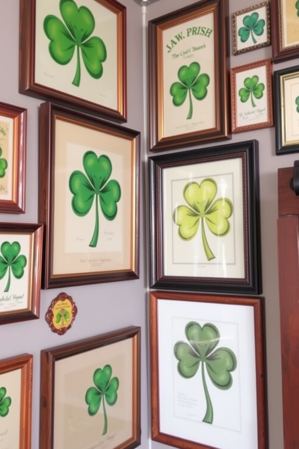 A charming display of vintage shamrock wall art adorns the walls, featuring various sizes and styles of framed artwork that celebrate the spirit of St. Patrick's Day. The arrangement includes intricate designs and vibrant colors, creating a festive atmosphere that invites warmth and nostalgia into the loft space.