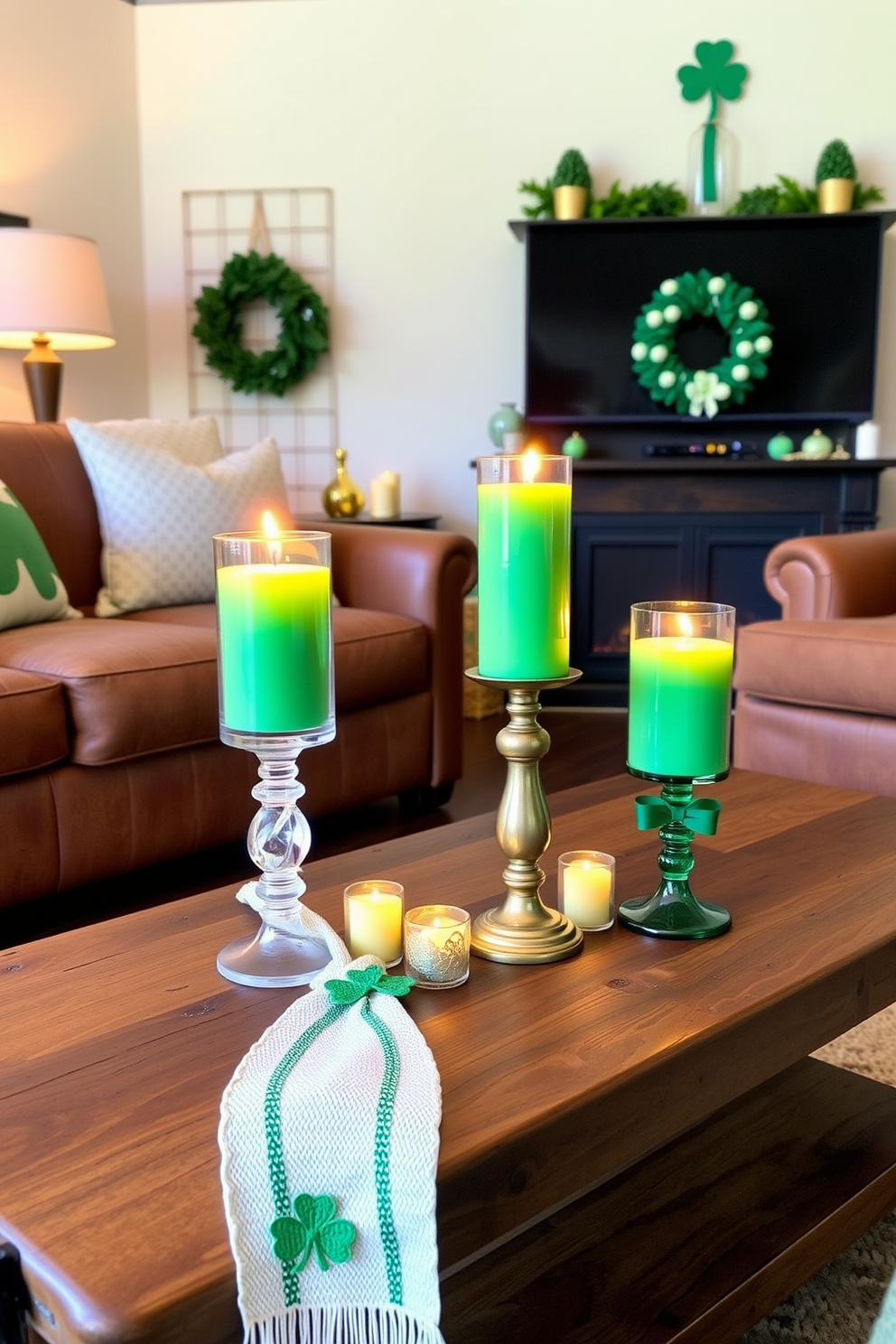 A cozy living room adorned for St. Patrick's Day features green candles in elegant holders placed on a rustic wooden coffee table. The soft glow of the candles complements the warm tones of the room, while decorative shamrocks and gold accents add a festive touch to the overall decor.