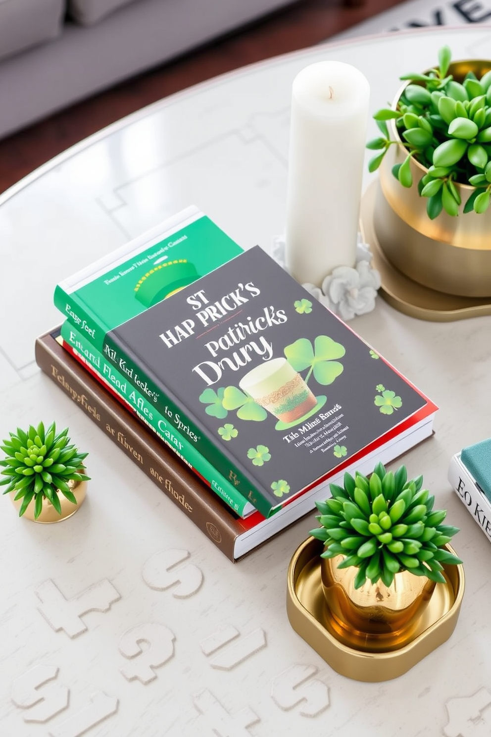 A stylish coffee table is adorned with seasonal books featuring vibrant covers that celebrate St. Patrick's Day. Surrounding the books are decorative elements such as small green plants and gold accents that enhance the festive atmosphere.