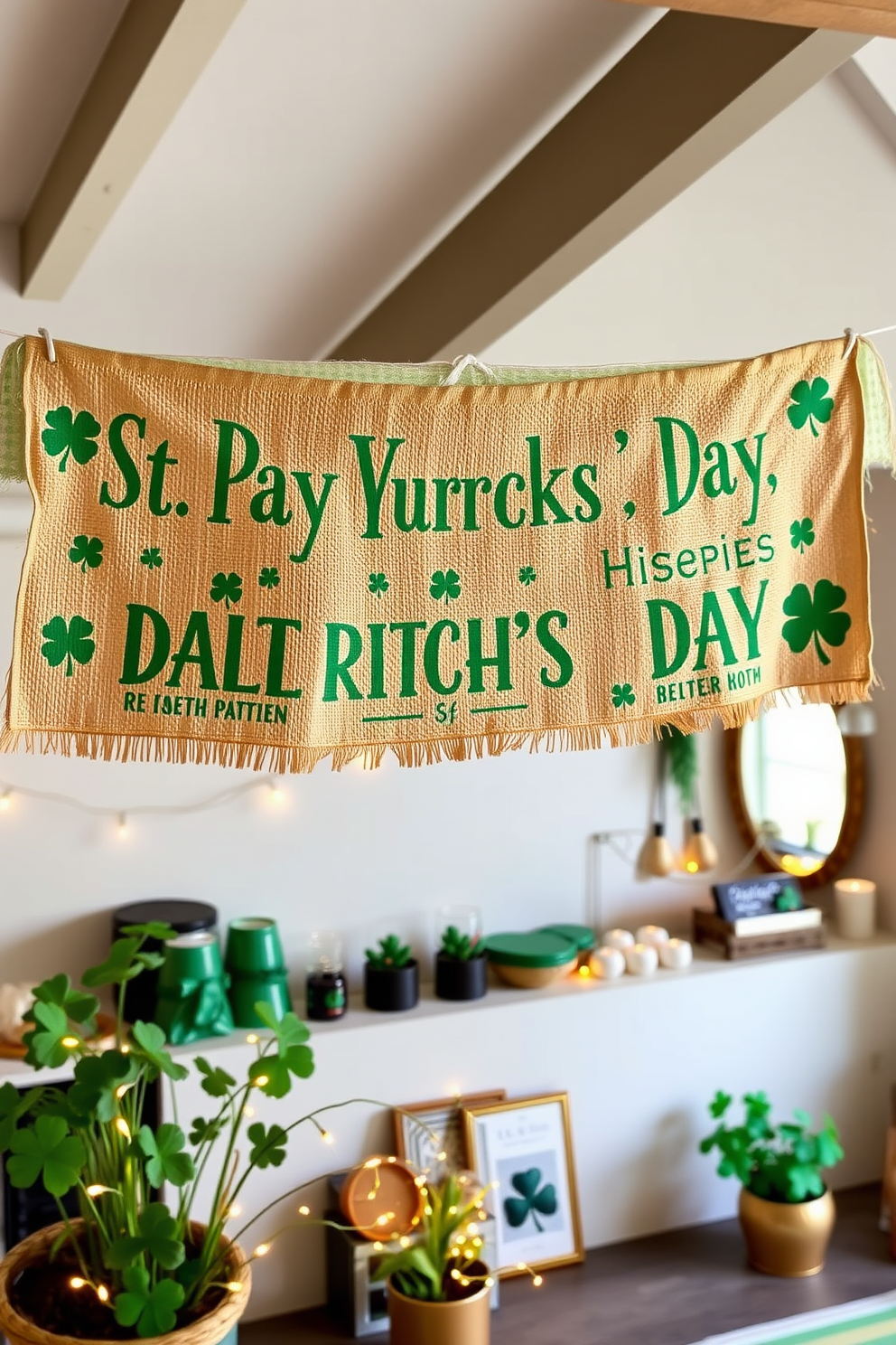 A rustic burlap banner adorned with cheerful St. Patrick's Day sayings hangs across the room. The banner features vibrant green lettering and playful shamrock designs, adding a festive touch to the decor. In a cozy loft setting, decorative elements such as green and gold accents complement the banner. Twinkling fairy lights and potted shamrocks create a warm and inviting atmosphere for the celebration.