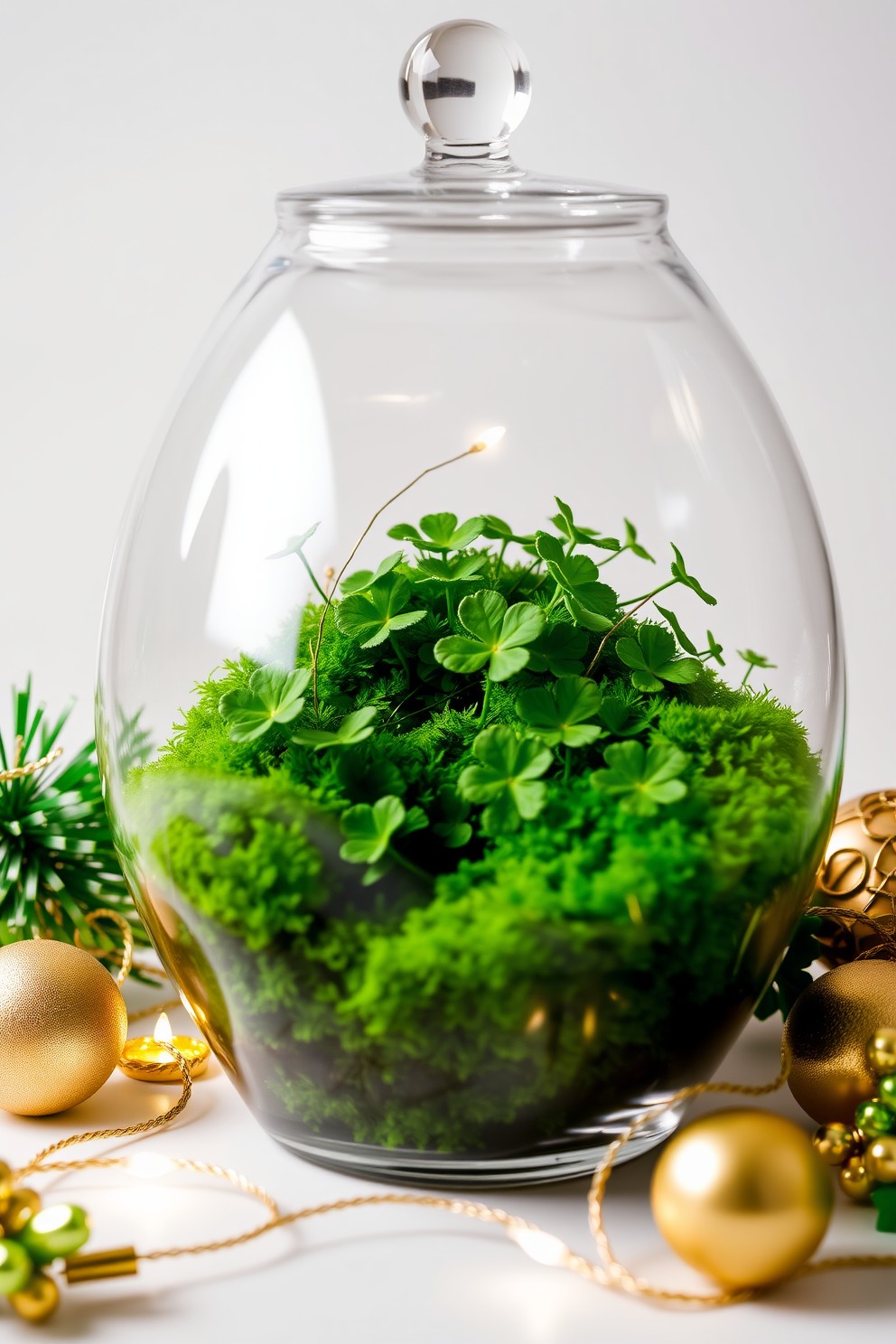 A vibrant terrarium filled with lush green moss and delicate shamrocks creates a refreshing focal point. The glass container is elegantly shaped, allowing light to illuminate the vibrant greenery within. For a festive St. Patrick's Day theme, incorporate gold accents and playful decorations around the terrarium. Soft white lights twinkle gently, enhancing the overall charm and inviting a sense of celebration.