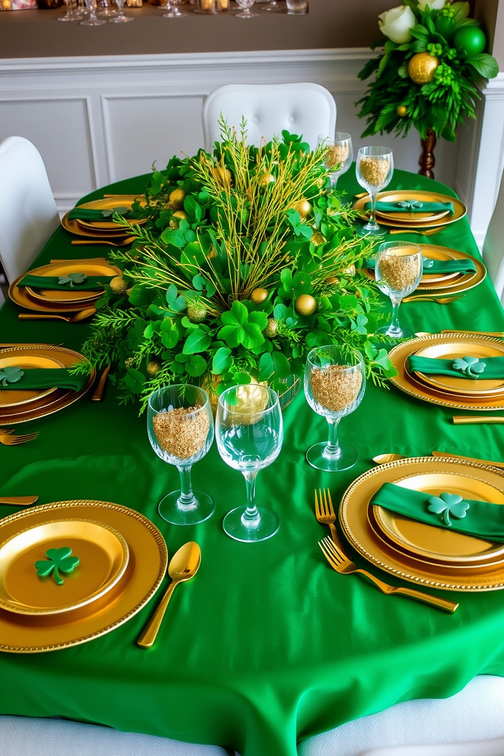 A vibrant table setting adorned with shades of green and accents of gold. The table is covered with a rich emerald green tablecloth, complemented by gold-rimmed dinner plates and sparkling glassware. Centerpieces feature lush green foliage intertwined with golden decorative elements. Each place setting includes a small gold shamrock as a festive touch for St. Patrick's Day celebrations.