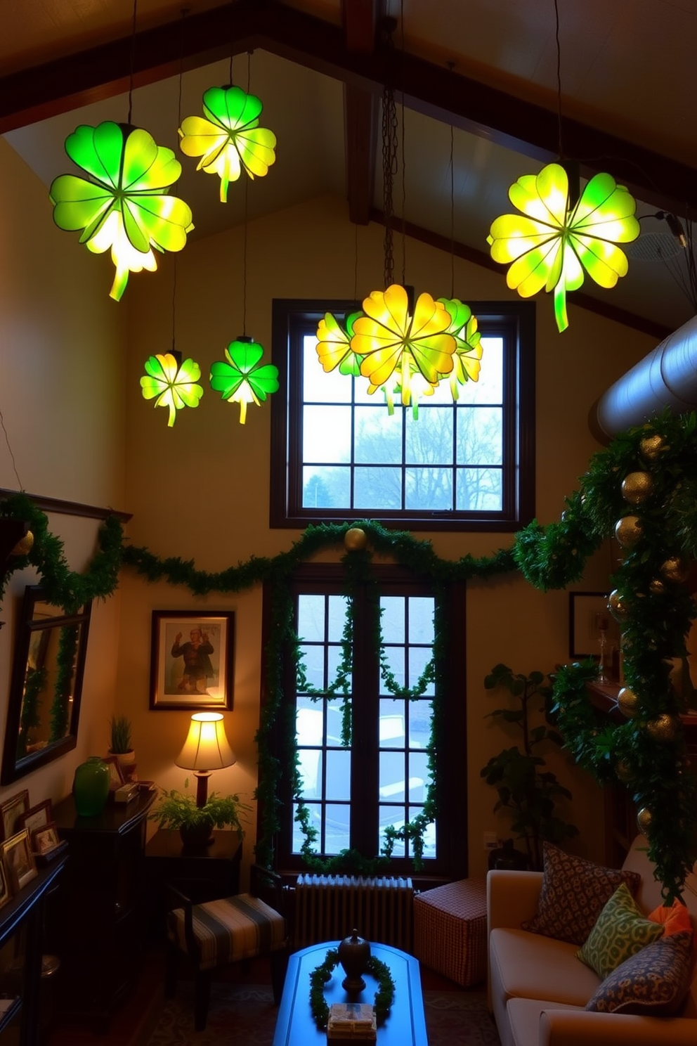 A cozy loft space decorated for St. Patrick's Day features hanging shamrock chandeliers that cast a warm, inviting glow throughout the room. The walls are adorned with green and gold accents, while festive garlands drape elegantly across the windows.