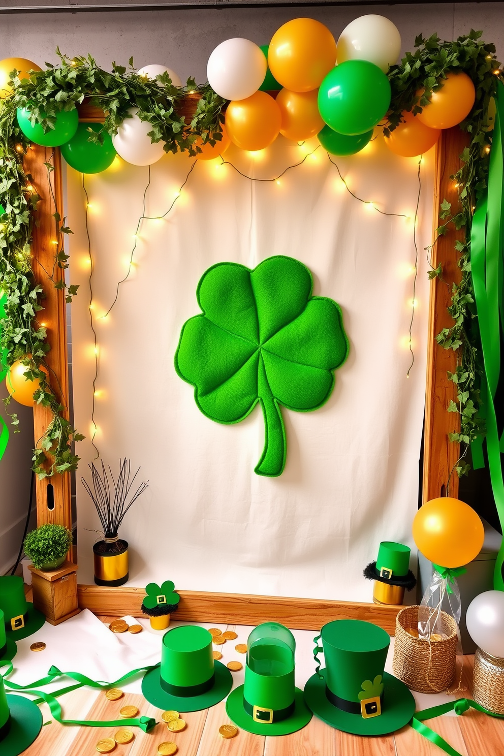 A vibrant DIY St. Patrick's Day photo booth backdrop featuring a large green felt shamrock as the central piece. Surrounding the shamrock are strings of twinkling fairy lights and clusters of gold and white balloons to create a festive atmosphere. The backdrop is complemented by a rustic wooden frame adorned with garlands of faux ivy and small pots of gold coins. To enhance the theme, various St. Patrick's Day decorations such as leprechaun hats and green streamers are strategically placed around the booth.