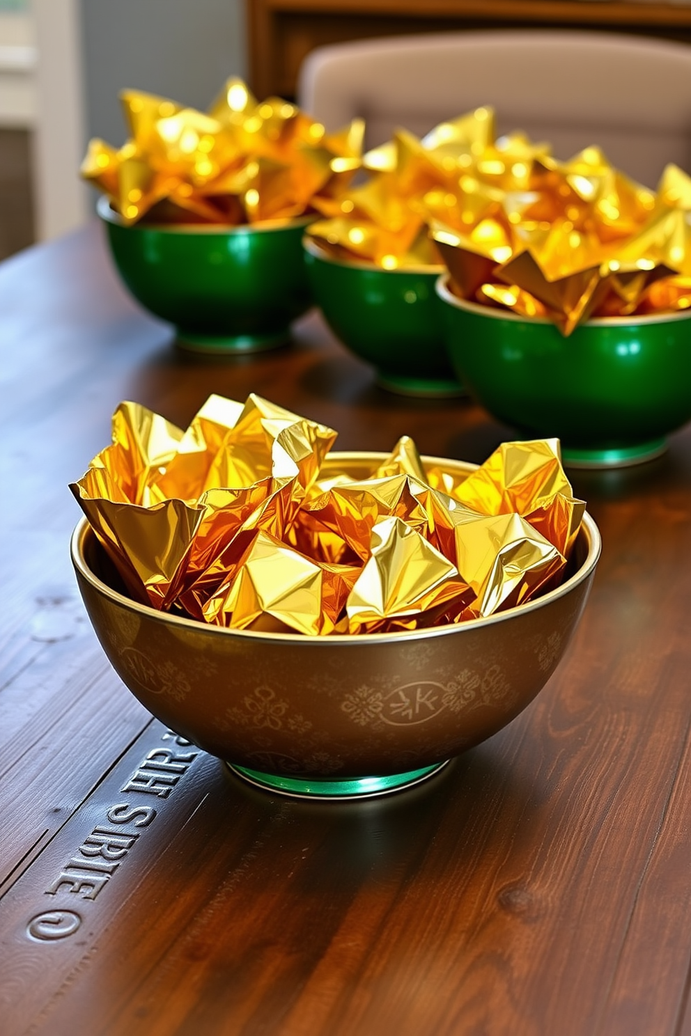 A collection of decorative bowls filled with shimmering gold foil sits elegantly on a rustic wooden table. The bowls vary in size and shape, creating a dynamic centerpiece that captures the spirit of St. Patrick's Day with a touch of luxury.