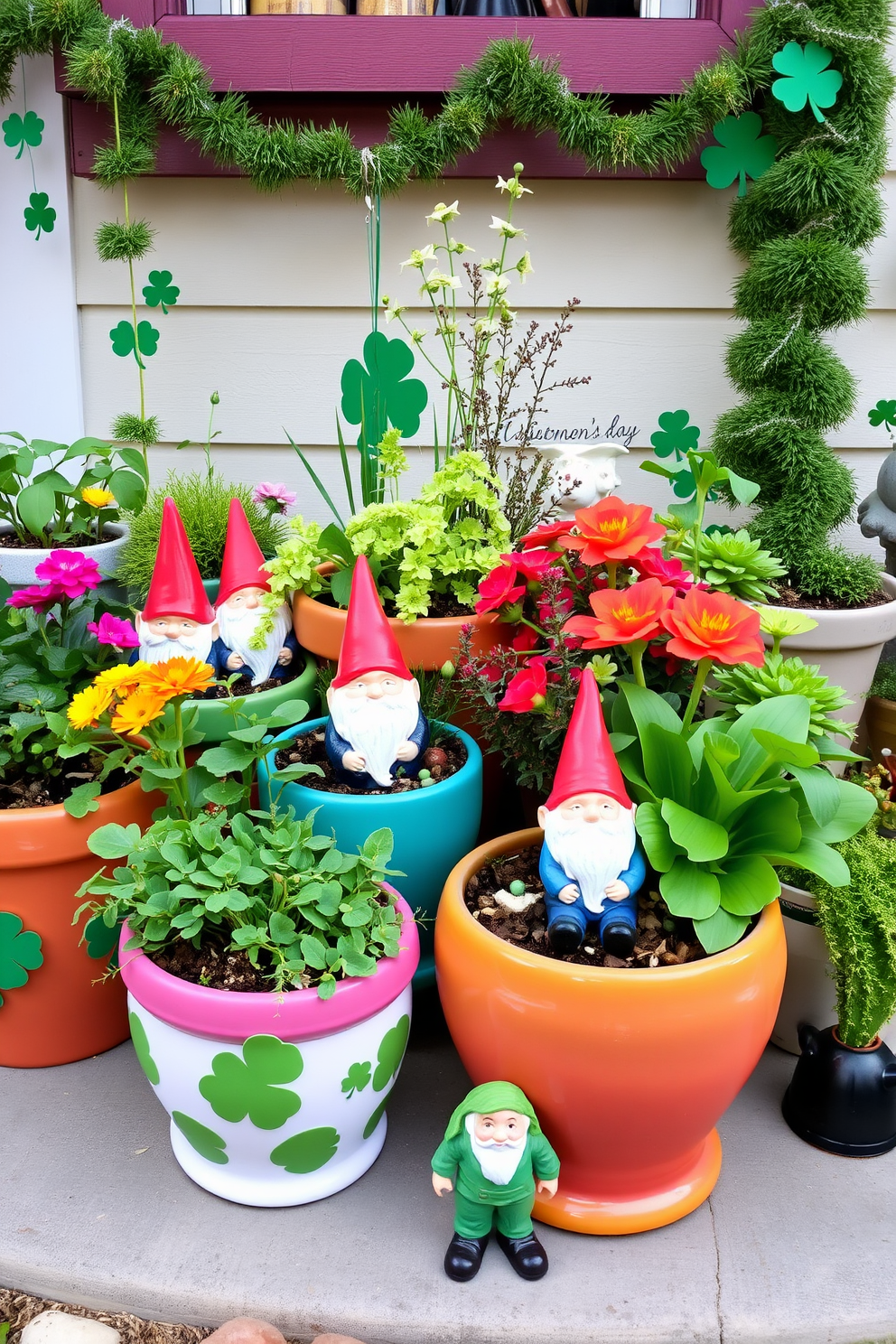 A whimsical gnome garden in pots features an array of colorful ceramic pots filled with vibrant flowers and greenery. Each pot is adorned with charming gnome figurines, nestled among the plants, creating a playful and enchanting atmosphere. For St. Patrick's Day decorating ideas, the space is infused with shades of green and gold accents. Shamrock motifs and festive garlands are draped around, while small leprechaun decorations add a touch of magic to the overall design.