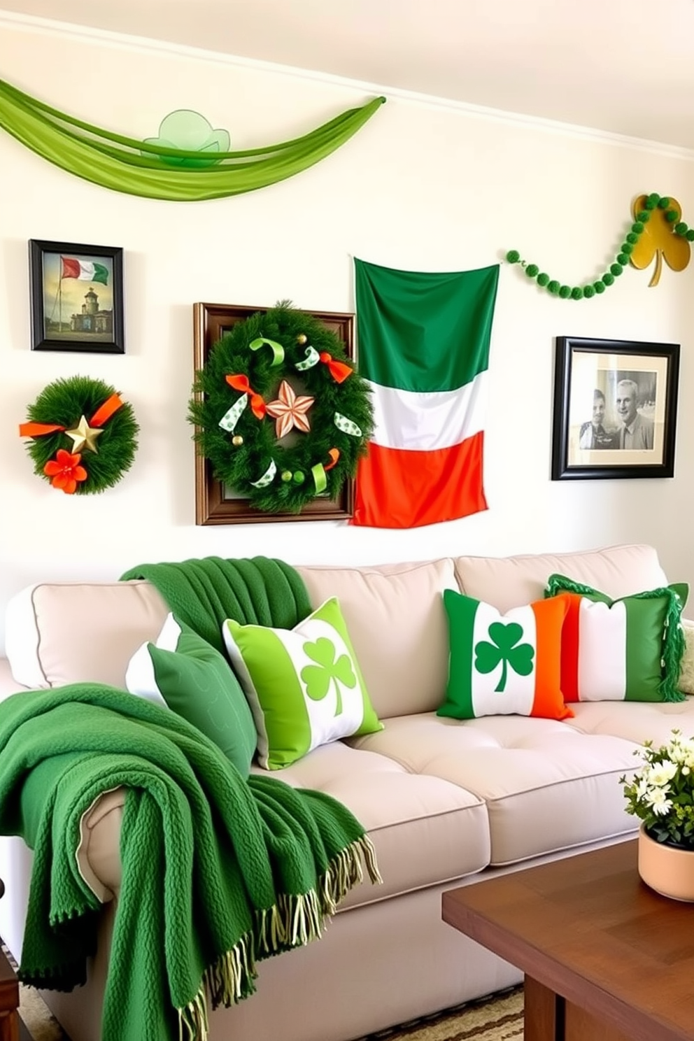 A vibrant living room adorned with Irish flag accents. The walls are painted a soft white, allowing the green, orange, and white colors to pop throughout the decor. A large comfortable sofa is draped with a cozy green throw blanket. Decorative pillows featuring shamrocks and the Irish flag add festive touches to the seating area.