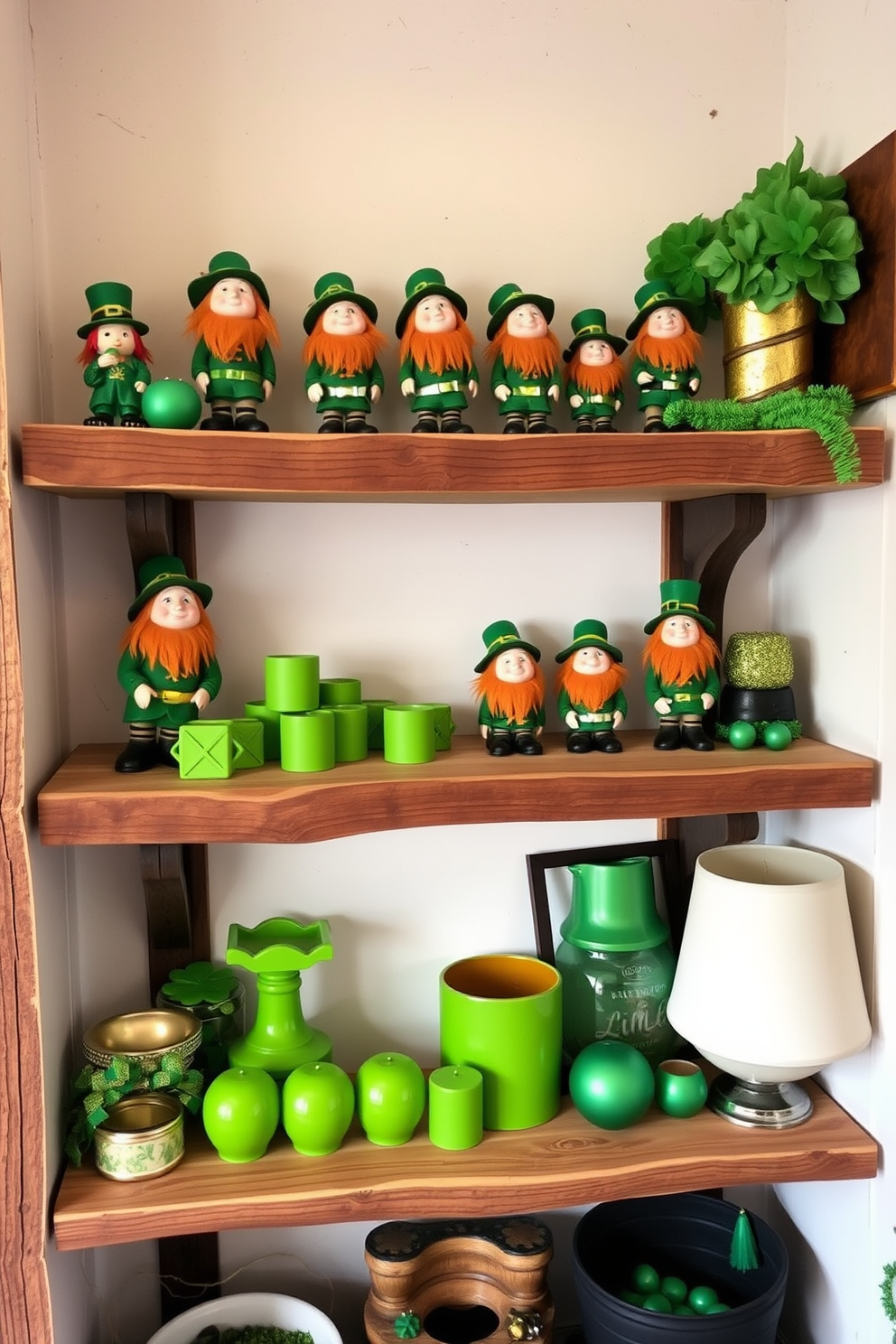 A whimsical loft space adorned with charming leprechaun figurines displayed on rustic wooden shelves. The shelves are filled with vibrant green decorations and gold accents, creating a festive atmosphere for St. Patrick's Day.