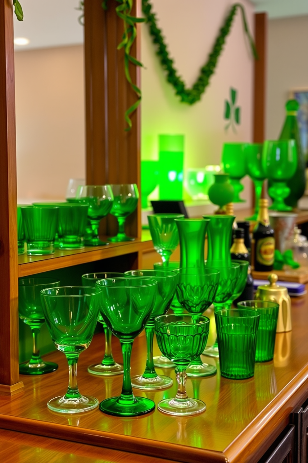 A stylish bar setup featuring an array of green glassware for drinks and decor. The glasses are elegantly arranged on a polished wooden shelf, complemented by small decorative items that evoke a festive St. Patrick's Day theme. The backdrop is adorned with subtle green accents, creating a cohesive look that celebrates the holiday. Soft lighting enhances the ambiance, casting a warm glow over the vibrant glassware and decorative elements.