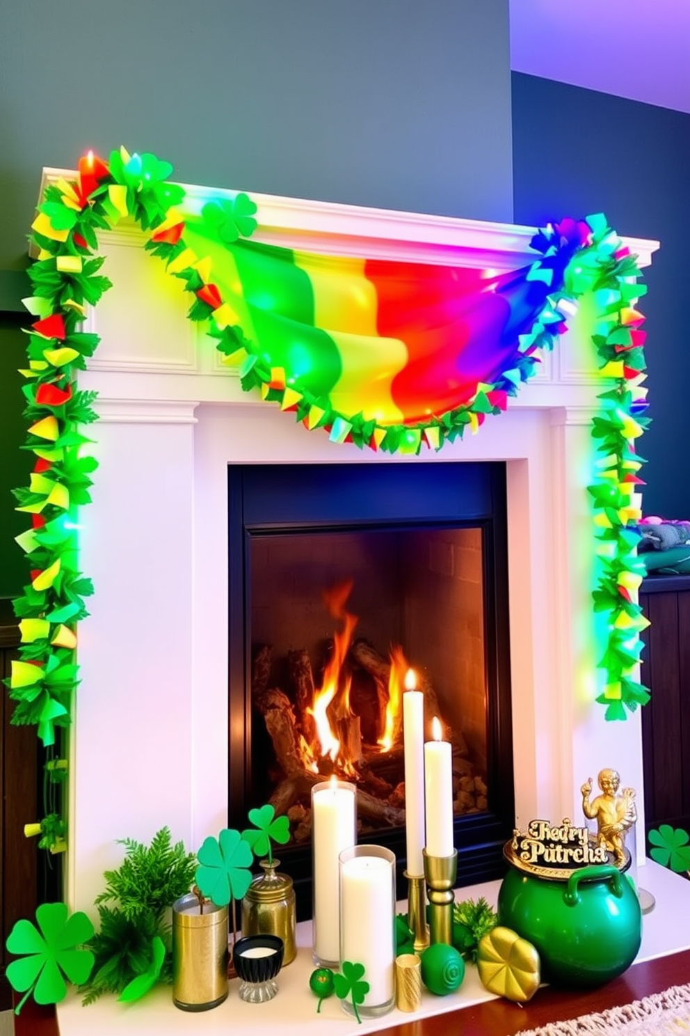 A vibrant rainbow garland drapes elegantly across the mantel, adding a cheerful touch to the room. The garland is adorned with various shades of the rainbow, creating a lively focal point for the St. Patrick's Day celebration. Surrounding the garland, green accents such as shamrocks and gold decor enhance the festive atmosphere. A cozy arrangement of candles and seasonal decorations completes the inviting look for the holiday.