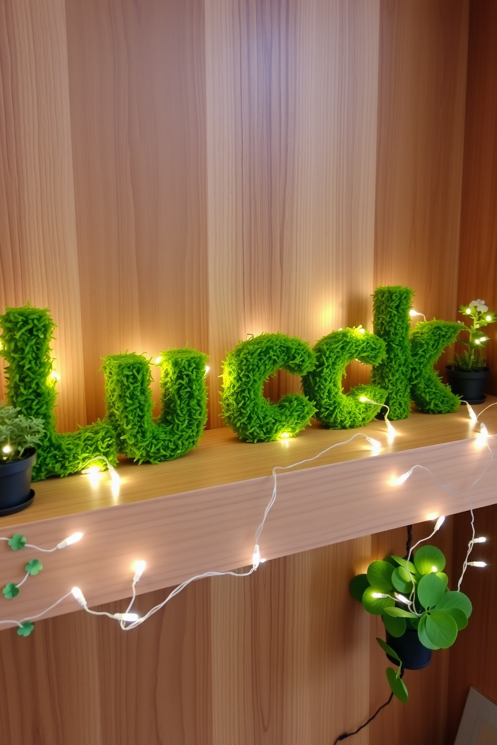 Moss-covered letters spelling luck are arranged artistically on a wooden shelf. Surrounding the letters are small potted plants and twinkling fairy lights, creating a whimsical St. Patrick's Day atmosphere.