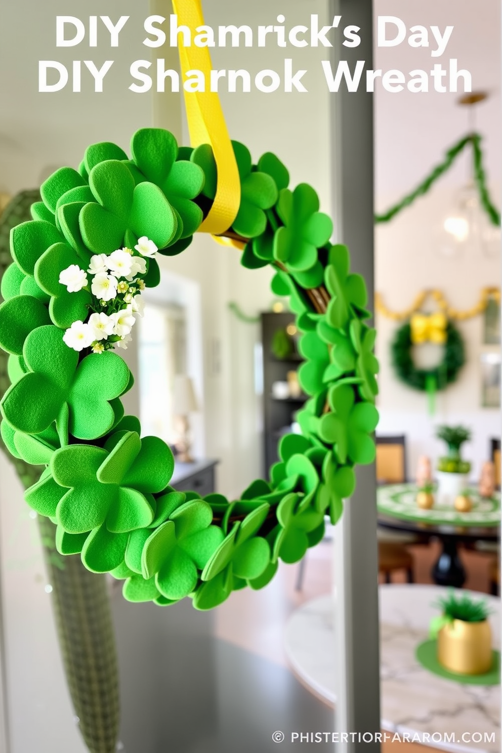 A charming DIY shamrock wreath adorns the front door, crafted from lush green felt shamrocks layered in a circular arrangement. The wreath is accented with delicate white flowers and a cheerful yellow ribbon, creating a festive welcome for guests. Inside the loft, St. Patrick's Day decorations bring a playful touch to the space. Green and gold accents, including garlands and table centerpieces, enhance the cozy atmosphere while celebrating the holiday spirit.