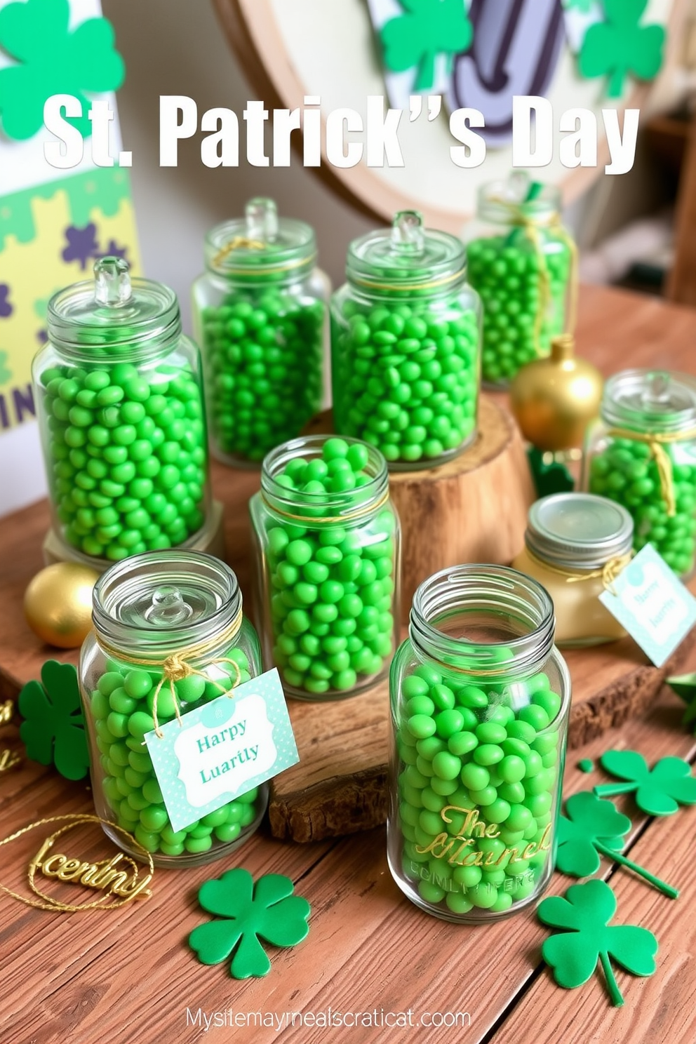 A bright and cheerful St. Patrick's Day display features glass jars filled with vibrant green candies. The jars are arranged on a rustic wooden table, accompanied by festive decorations like shamrocks and gold accents.