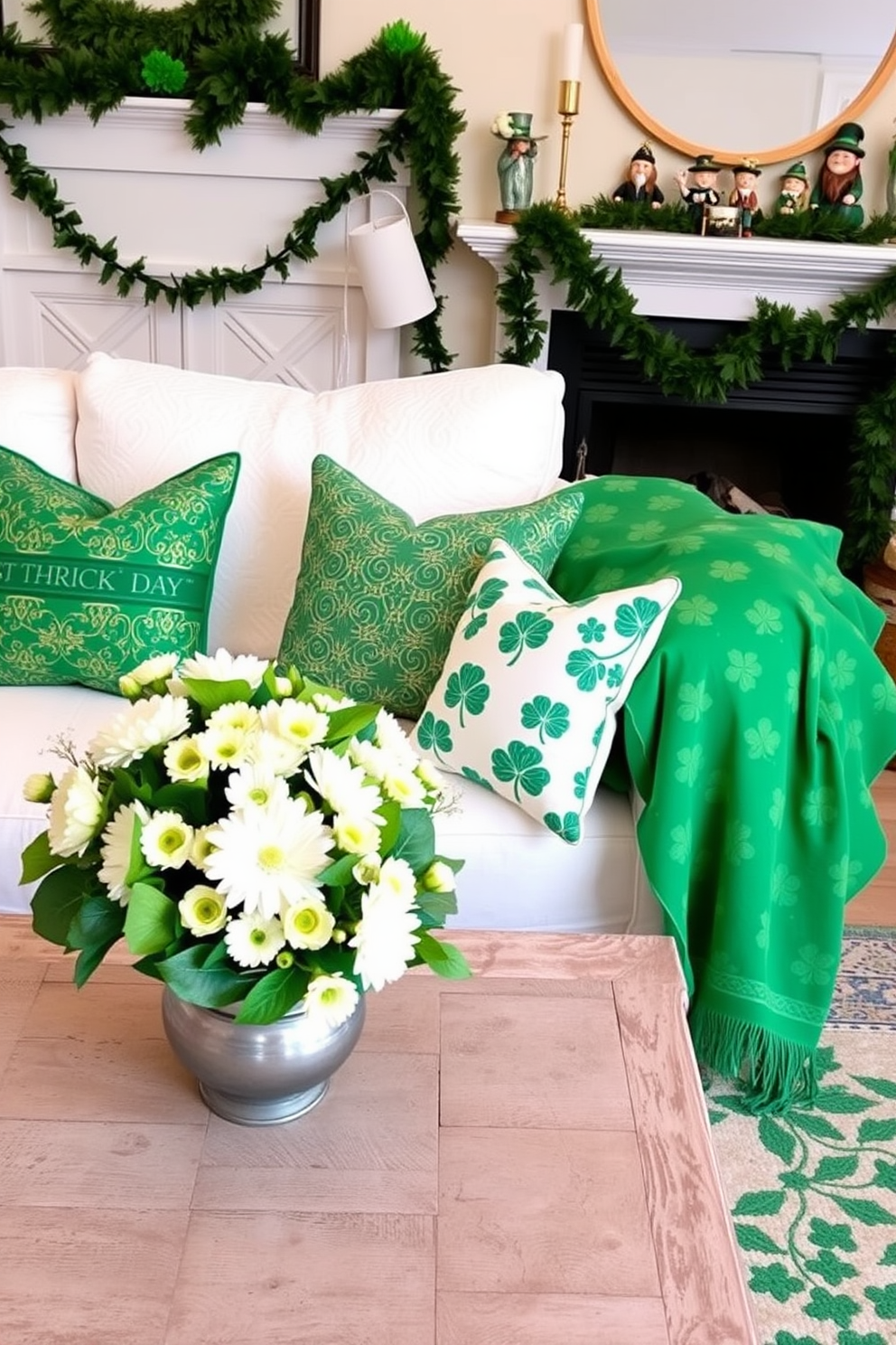 Create a cozy living room scene featuring St. Patrick's Day themed throw pillows in vibrant green and gold patterns. The pillows are arranged on a plush white sofa, complemented by a festive shamrock-patterned blanket draped over the armrest. In the background, a mantel is adorned with green garlands and small decorative leprechauns. A cheerful arrangement of fresh white and green flowers sits on a rustic wooden coffee table, enhancing the festive atmosphere.