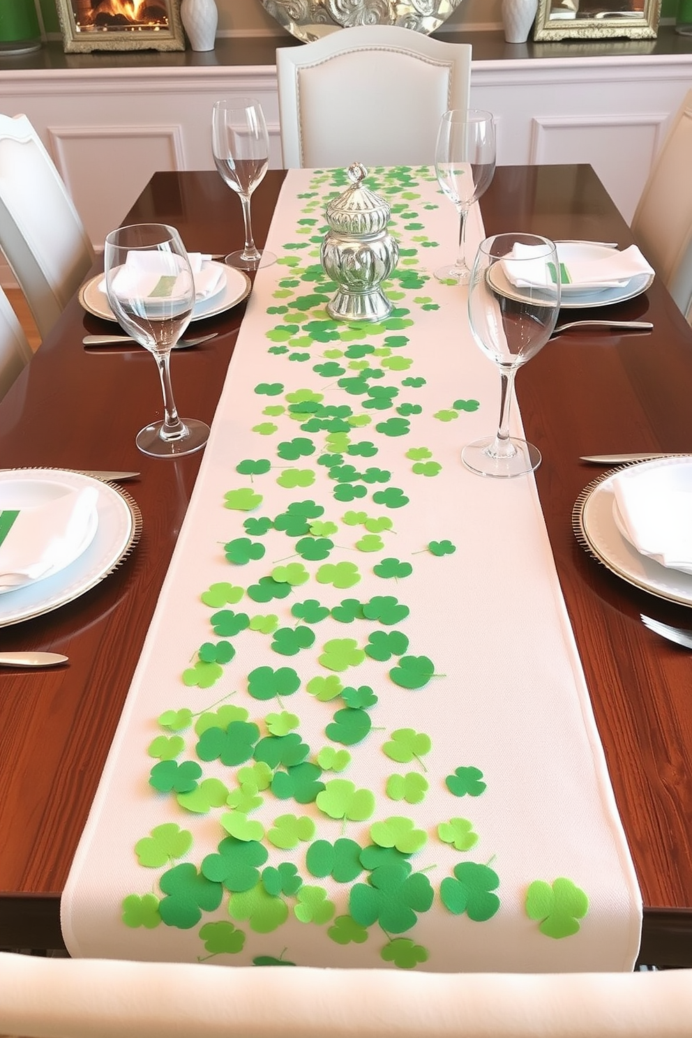 A festive table runner adorned with vibrant green clovers stretches across a beautifully set dining table. The table is complemented by elegant white dinnerware and sparkling glassware, creating a cheerful atmosphere for St. Patrick's Day celebrations.