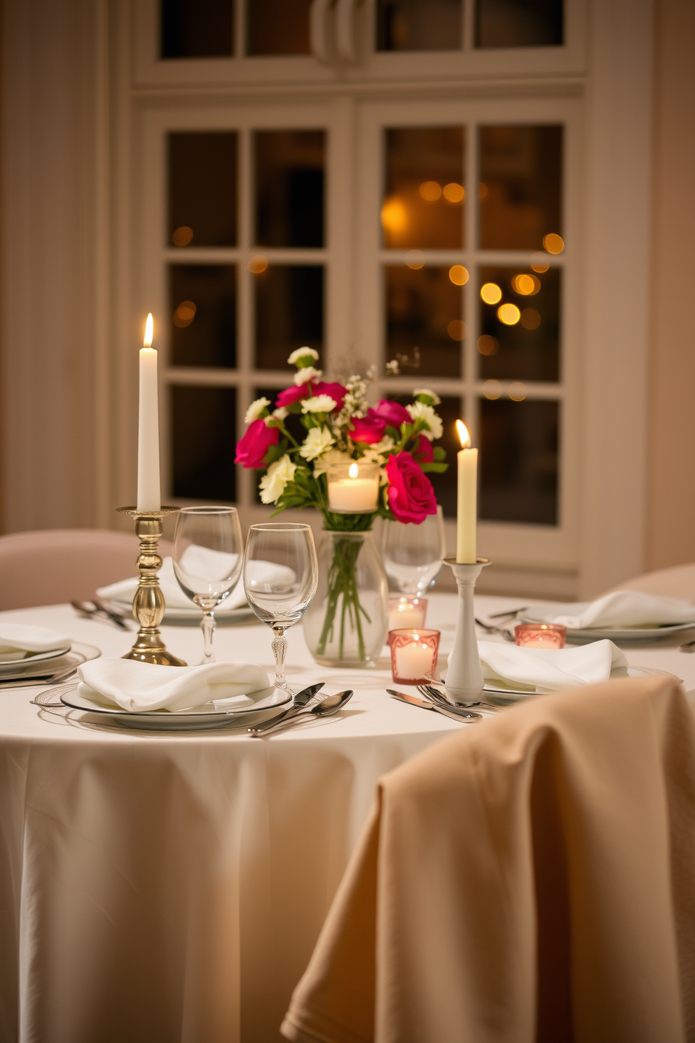 A romantic candlelit dinner setting features a beautifully set table for two, adorned with elegant dinnerware and soft linen napkins. Flickering candles of varying heights create a warm ambiance, while fresh flowers in a delicate vase add a touch of romance. The backdrop showcases soft, ambient lighting that enhances the intimate atmosphere. A cozy throw drapes over a nearby chair, inviting relaxation and conversation as the perfect Valentine's Day decoration.