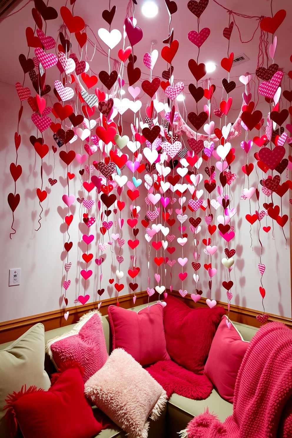 A whimsical arrangement of heart garlands cascades down from the ceiling, creating a playful atmosphere for a Valentine's Day celebration. The garlands feature a mix of vibrant colors and patterns, adding a touch of charm to the cozy space. Soft lighting illuminates the area, enhancing the romantic vibe of the decorations. Plush cushions and throws in coordinating hues are scattered across the seating, inviting guests to relax and enjoy the festive ambiance.