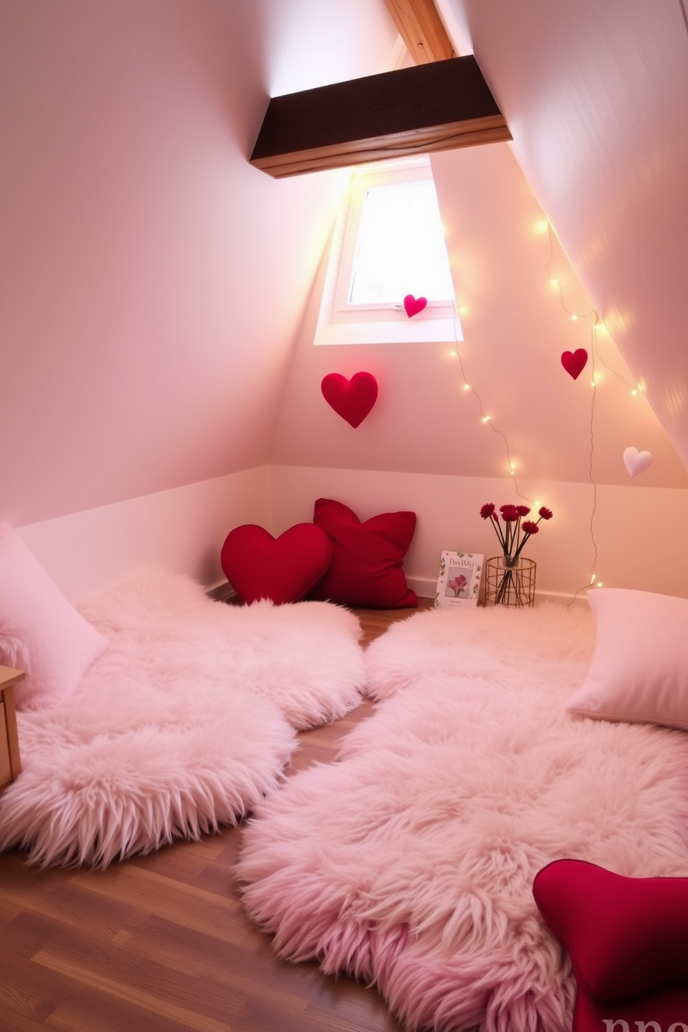 Create a cozy loft space adorned with soft faux fur rugs that add warmth and texture to the room. Incorporate romantic Valentine's Day decorations such as heart-shaped pillows and delicate fairy lights to enhance the inviting atmosphere.