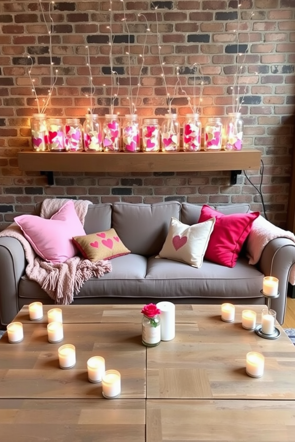 Create a cozy loft space adorned with charming DIY love notes in jars. The jars are filled with colorful paper hearts and twinkling fairy lights, arranged on a rustic wooden shelf against a brick wall. In the center of the room, a plush sofa is draped with soft throws and decorative pillows in shades of pink and red. Surrounding the seating area, candles flicker softly on a reclaimed wood coffee table, enhancing the romantic ambiance for Valentine's Day.