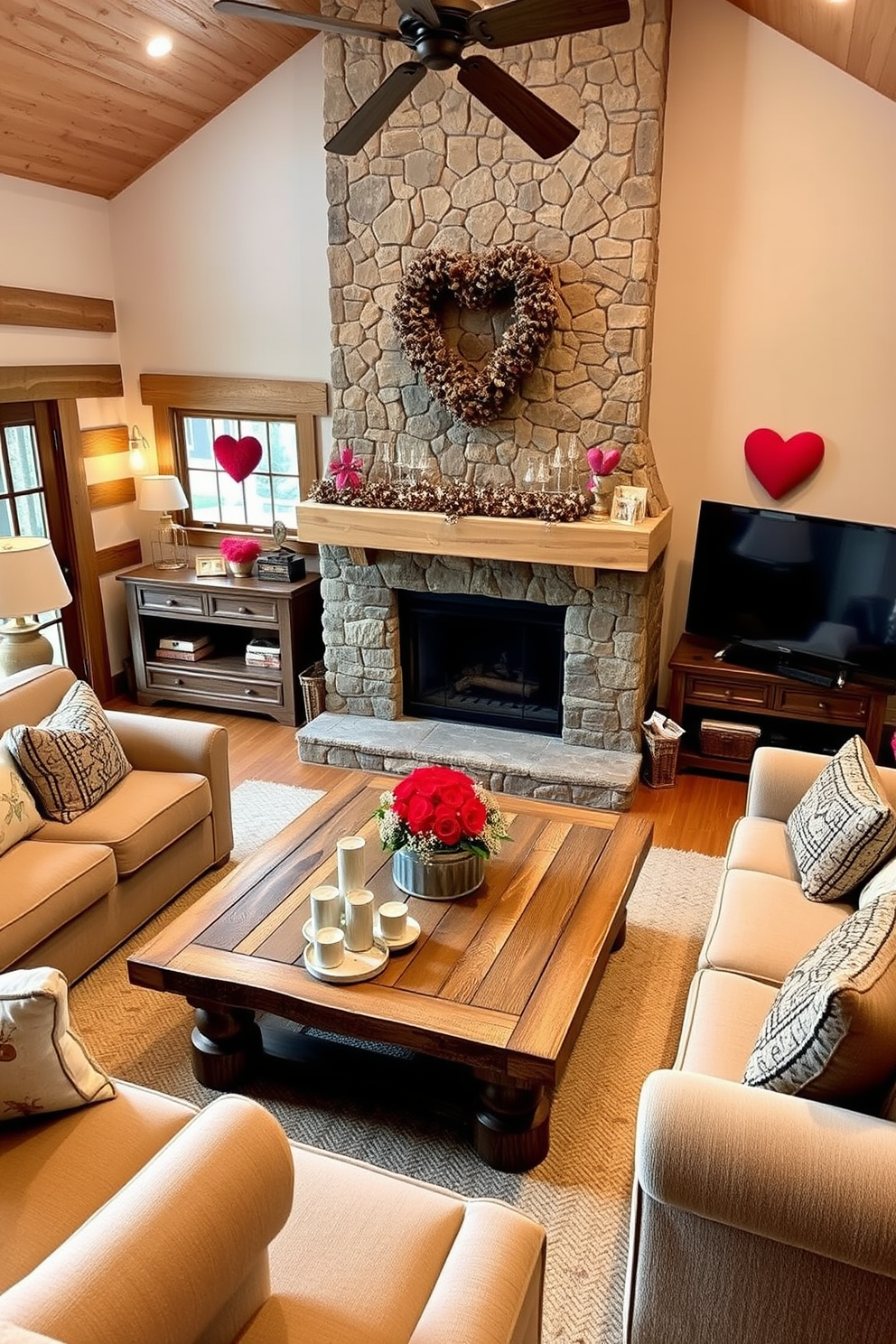 A cozy living room filled with rustic wooden accents. The space features a reclaimed wood coffee table surrounded by plush, neutral-toned sofas and a large stone fireplace. Valentine's Day decorations add warmth and charm to the room. Heart-shaped pillows and soft, romantic lighting create an inviting atmosphere perfect for celebrating love.