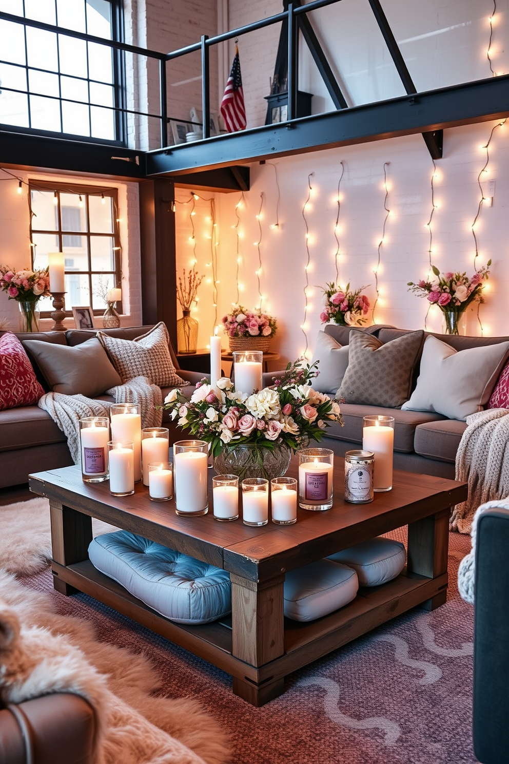 Create a cozy and inviting loft space decorated for Valentine's Day. Arrange an assortment of scented candles with romantic fragrances placed on a rustic wooden coffee table, surrounded by plush cushions and soft throws. Incorporate string lights draped along the walls to create a warm ambiance. Use delicate floral arrangements in pastel colors to enhance the romantic atmosphere throughout the loft.