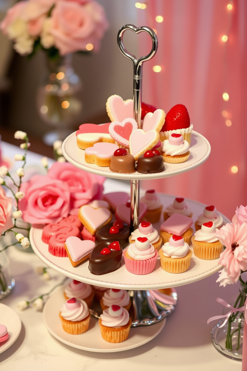 Stylish tiered trays adorned with an assortment of delectable treats create a charming focal point for any Valentine's Day celebration. Each tray features a mix of elegant desserts, including heart-shaped cookies, chocolate-covered strawberries, and mini cupcakes, all beautifully arranged for visual appeal. Incorporate soft pink and red accents throughout the decor to enhance the romantic atmosphere. Delicate floral arrangements and twinkling fairy lights can be added to complete the festive look, making the space inviting and warm for your guests.