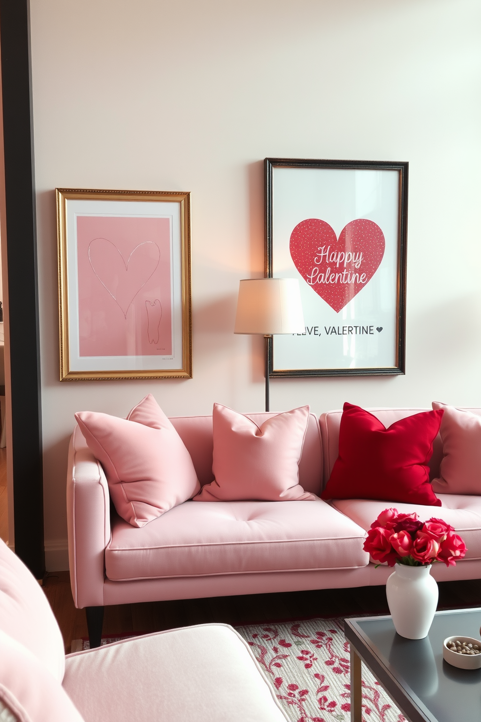 Valentine themed artwork in elegant frames adorns the walls of a cozy loft space. Soft pink and red hues dominate the decor, creating a romantic atmosphere perfect for celebrating Valentine's Day.