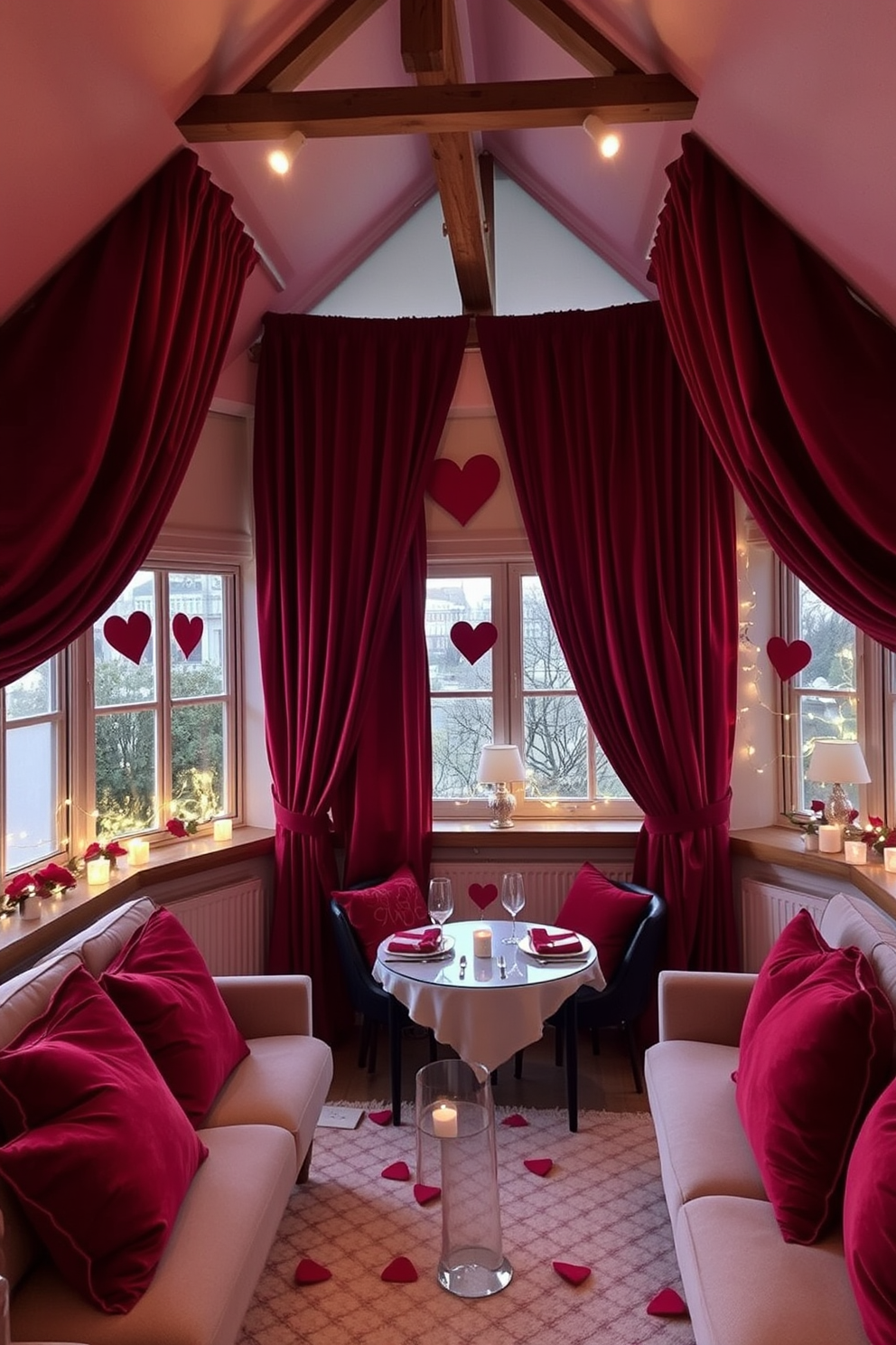 A cozy loft adorned with red velvet curtains that cascade elegantly from the ceiling to the floor. The rich texture of the curtains adds a dramatic flair to the space, creating a warm and inviting atmosphere for Valentine's Day celebrations. Festive decorations include heart-shaped garlands draped across the exposed beams and soft fairy lights twinkling around the windows. A plush seating area is arranged with romantic throw pillows and a beautifully set table for an intimate dinner.