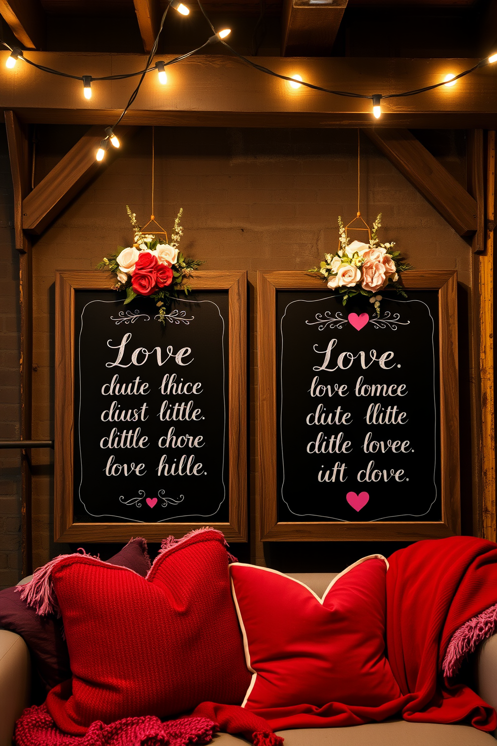 Charming love quotes elegantly written on rustic chalkboards add a warm and inviting touch to any space. The chalkboards are framed in weathered wood and adorned with delicate floral accents, creating a romantic atmosphere perfect for Valentine's Day. Loft-style decorations for Valentine's Day feature a mix of industrial and cozy elements. Soft string lights hang from exposed beams, illuminating the space while plush cushions and throws in shades of red and pink invite relaxation and intimacy.