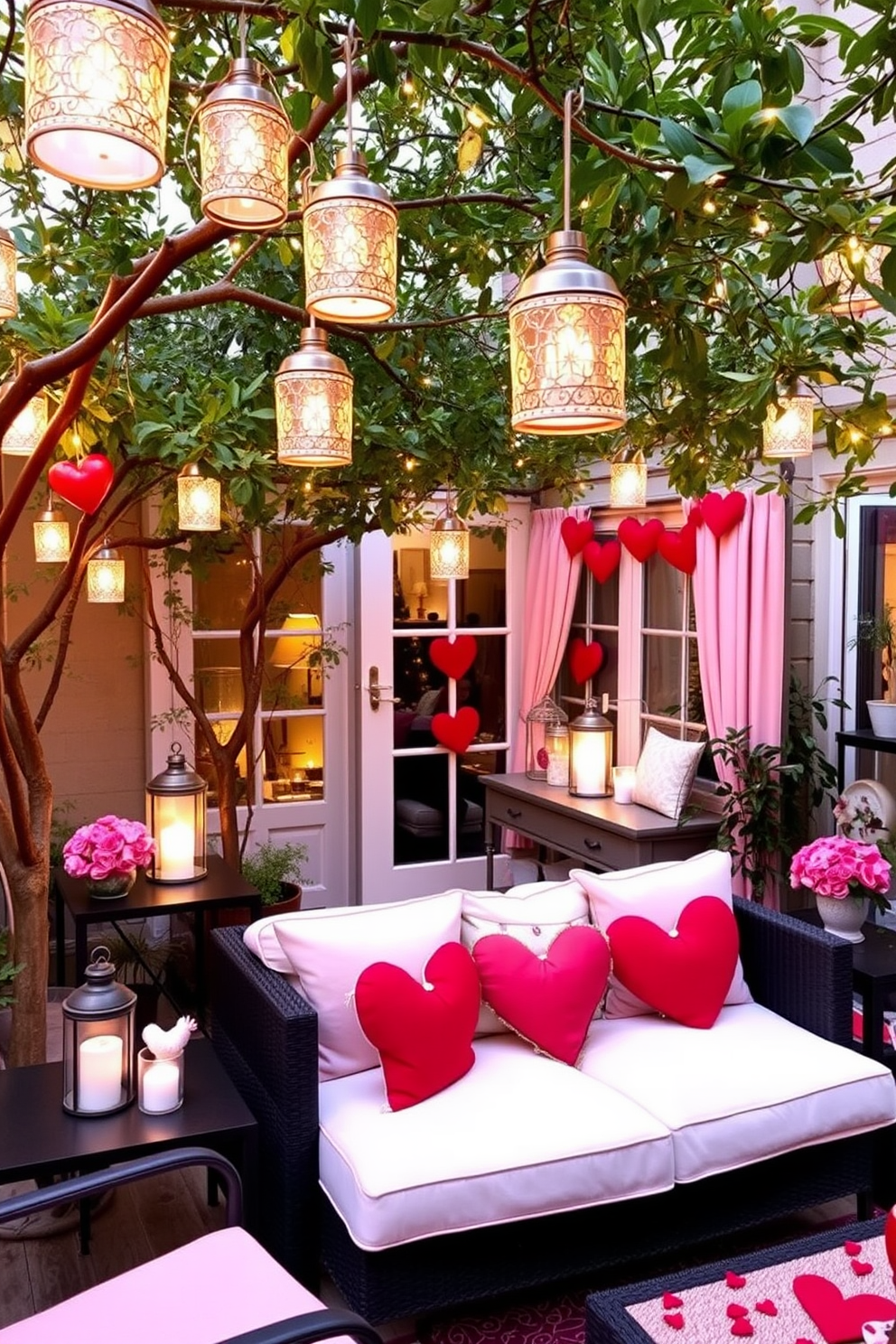 A charming outdoor space adorned with decorative lanterns. The lanterns are hung from tree branches and placed on tables, casting a warm glow in the evening. A cozy loft decorated for Valentine's Day. Soft pink and red accents fill the space, with heart-shaped cushions on the sofa and romantic lighting creating an intimate atmosphere.