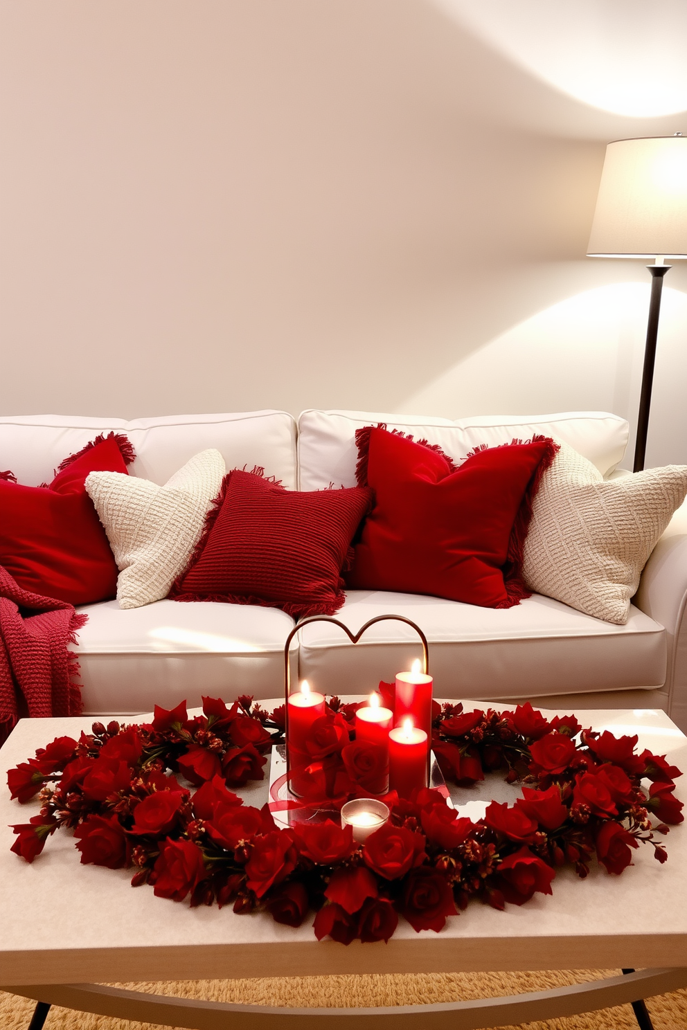 Cozy throw pillows in rich red hues are scattered across a plush white sofa, creating a warm and inviting atmosphere. The pillows feature various textures and patterns, enhancing the overall aesthetic of the space. A beautifully arranged coffee table sits in front of the sofa, adorned with a heart-shaped centerpiece and flickering candles. Soft, ambient lighting from a nearby lamp casts a romantic glow, perfect for a Valentine's Day celebration.