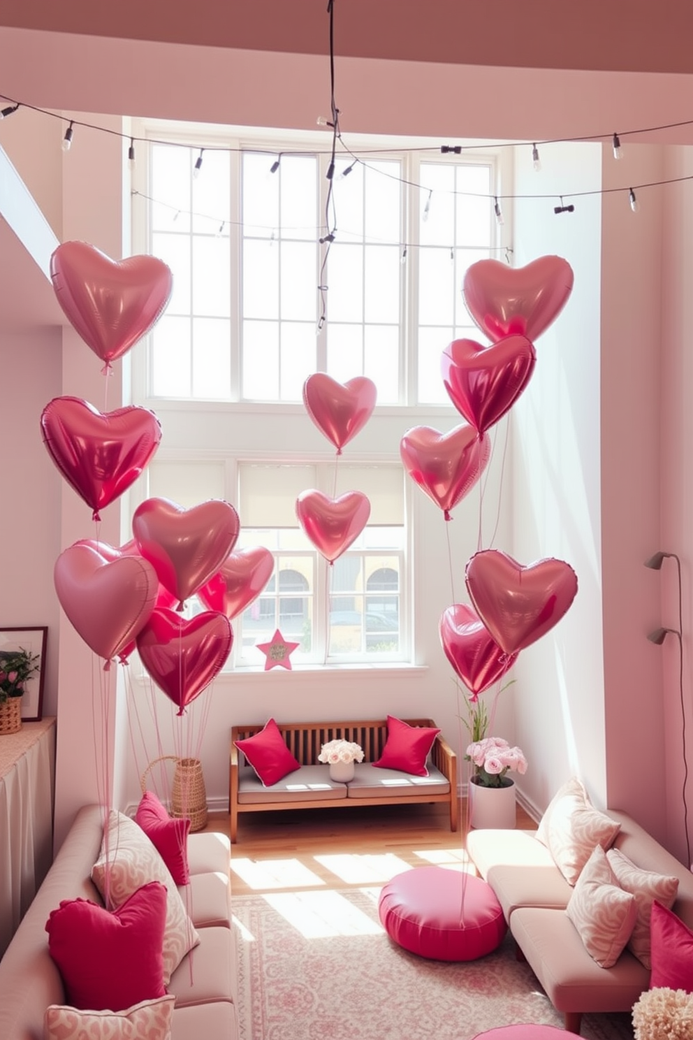 Heart-shaped balloons float gently in a bright and airy loft space filled with natural light. The walls are adorned with soft pastel colors, and cozy seating areas are decorated with plush cushions and romantic accents. A whimsical arrangement of heart-shaped balloons in varying sizes creates a playful atmosphere. String lights twinkle softly overhead, enhancing the festive mood for a Valentine's Day celebration.